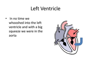 Left Ventricle
• In no time we
  whooshed into the left
  ventricle and with a big
  squeeze we were in the
  aorta
 