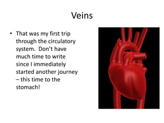 Veins
• That was my first trip
  through the circulatory
  system. Don’t have
  much time to write
  since I immediately
  started another journey
  – this time to the
  stomach!
 