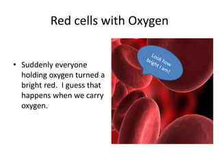 Red cells with Oxygen


• Suddenly everyone
  holding oxygen turned a
  bright red. I guess that
  happens when we carry
  oxygen.
 