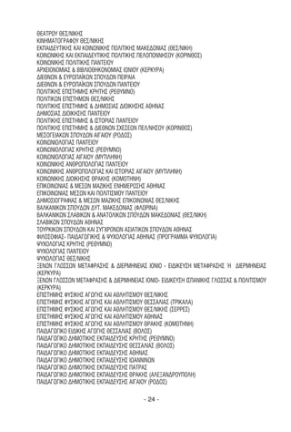 ΘΕΑΤΡΟΥ ΘΕΣ/ΝΙΚΗΣ
ΚΙΝΗΜΑΤΟΓΡΑΦΟY ΘΕΣ/ΝΙΚΗΣ
ΕΚΠΑΙ∆ΕYΤΙΚΗΣ ΚΑΙ ΚΟΙΝΩΝΙΚΗΣ ΠΟΛΙΤΙΚΗΣ ΜΑΚΕ∆ΟΝΙΑΣ (ΘΕΣ/ΝΙΚΗ)
ΚΟΙΝΩΝΙΚΗΣ ΚΑΙ ΕΚΠΑΙ∆ΕYΤΙΚΗΣ ΠΟΛΙΤΙΚΗΣ ΠΕΛΟΠΟΝΝΗΣΟY (ΚΟΡΙΝΘΟΣ)
ΚΟΙΝΩΝΙΚΗΣ ΠΟΛΙΤΙΚΗΣ ΠΑΝΤΕΙΟY
ΑΡΧΕΙΟΝΟΜΙΑΣ & ΒΙΒΛΙΟΘΗΚΟΝΟΜΙΑΣ ΙΟΝΙΟY (ΚΕΡΚYΡΑ)
∆ΙΕΘΝΩΝ & ΕYΡΩΠΑΪΚΩΝ ΣΠΟY∆ΩΝ ΠΕΙΡΑΙΑ
∆ΙΕΘΝΩΝ & ΕYΡΩΠΑΪΚΩΝ ΣΠΟY∆ΩΝ ΠΑΝΤΕΙΟY
ΠΟΛΙΤΙΚΗΣ ΕΠΙΣΤΗΜΗΣ ΚΡΗΤΗΣ (ΡΕΘYΜΝΟ)
ΠΟΛΙΤΙΚΩΝ ΕΠΙΣΤΗΜΩΝ ΘΕΣ/ΝΙΚΗΣ
ΠΟΛΙΤΙΚΗΣ ΕΠΙΣΤΗΜΗΣ & ∆ΗΜΟΣΙΑΣ ∆ΙΟΙΚΗΣΗΣ ΑΘΗΝΑΣ
∆ΗΜΟΣΙΑΣ ∆ΙΟΙΚΗΣΗΣ ΠΑΝΤΕΙΟY
ΠΟΛΙΤΙΚΗΣ ΕΠΙΣΤΗΜΗΣ & ΙΣΤΟΡΙΑΣ ΠΑΝΤΕΙΟY
ΠΟΛΙΤΙΚΗΣ ΕΠΙΣΤΗΜΗΣ & ∆ΙΕΘΝΩΝ ΣΧΕΣΕΩΝ ΠΕΛ/ΝΗΣΟΥ (ΚΟΡΙΝΘΟΣ)
ΜΕΣΟΓΕΙΑΚΩΝ ΣΠΟY∆ΩΝ ΑΙΓΑΙΟY (ΡΟ∆ΟΣ)
ΚΟΙΝΩΝΙΟΛΟΓΙΑΣ ΠΑΝΤΕΙΟY
ΚΟΙΝΩΝΙΟΛΟΓΙΑΣ ΚΡΗΤΗΣ (ΡΕΘYΜΝΟ)
ΚΟΙΝΩΝΙΟΛΟΓΙΑΣ ΑΙΓΑΙΟY (ΜYΤΙΛΗΝΗ)
ΚΟΙΝΩΝΙΚΗΣ ΑΝΘΡΩΠΟΛΟΓΙΑΣ ΠΑΝΤΕΙΟY
ΚΟΙΝΩΝΙΚΗΣ ΑΝΘΡΩΠΟΛΟΓΙΑΣ ΚΑΙ ΙΣΤΟΡΙΑΣ ΑΙΓΑΙΟY (ΜYΤΙΛΗΝΗ)
ΚΟΙΝΩΝΙΚΗΣ ∆ΙΟΙΚΗΣΗΣ ΘΡΑΚΗΣ (ΚΟΜΟΤΗΝΗ)
ΕΠΙΚΟΙΝΩΝΙΑΣ & ΜΕΣΩΝ ΜΑΖΙΚΗΣ ΕΝΗΜΕΡΩΣΗΣ ΑΘΗΝΑΣ
ΕΠΙΚΟΙΝΩΝΙΑΣ ΜΕΣΩΝ ΚΑΙ ΠΟΛΙΤΙΣΜΟY ΠΑΝΤΕΙΟY
∆ΗΜΟΣΙΟΓΡΑΦΙΑΣ & ΜΕΣΩΝ ΜΑΖΙΚΗΣ ΕΠΙΚΟΙΝΩΝΙΑΣ ΘΕΣ/ΝΙΚΗΣ
ΒΑΛΚΑΝΙΚΩΝ ΣΠΟY∆ΩΝ ∆YΤ. ΜΑΚΕ∆ΟΝΙΑΣ (ΦΛΩΡΙΝΑ)
ΒΑΛΚΑΝΙΚΩΝ ΣΛΑΒΙΚΩΝ & ΑΝΑΤΟΛΙΚΩΝ ΣΠΟY∆ΩΝ ΜΑΚΕ∆ΟΝΙΑΣ (ΘΕΣ/ΝΙΚΗ)
ΣΛΑΒΙΚΩΝ ΣΠΟΥ∆ΩΝ ΑΘΗΝΑΣ
ΤΟΥΡΚΙΚΩΝ ΣΠΟΥ∆ΩΝ ΚΑΙ ΣΥΓΧΡΟΝΩΝ ΑΣΙΑΤΙΚΩΝ ΣΠΟΥ∆ΩΝ ΑΘΗΝΑΣ
ΦΙΛΟΣΟΦΙΑΣ- ΠΑΙ∆ΑΓΩΓΙΚΗΣ & ΨΥΧΟΛΟΓΙΑΣ ΑΘΗΝΑΣ (ΠΡΟΓΡΑΜΜΑ ΨΥΧΟΛΟΓΙΑ)
ΨΥΧΟΛΟΓΙΑΣ ΚΡΗΤΗΣ (ΡΕΘΥΜΝΟ)
ΨΥΧΟΛΟΓΙΑΣ ΠΑΝΤΕΙΟΥ
ΨΥΧΟΛΟΓΙΑΣ ΘΕΣ/ΝΙΚΗΣ
ΞΕΝΩΝ ΓΛΩΣΣΩΝ ΜΕΤΑΦΡΑΣΗΣ & ∆ΙΕΡΜΗΝΕΙΑΣ ΙΟΝΙΟ - ΕΙ∆ΙΚΕΥΣΗ ΜΕΤΑΦΡΑΣΗΣ Ή ∆ΙΕΡΜΗΝΕΙΑΣ
(ΚΕΡΚΥΡΑ)
ΞΕΝΩΝ ΓΛΩΣΣΩΝ ΜΕΤΑΦΡΑΣΗΣ & ∆ΙΕΡΜΗΝΕΙΑΣ ΙΟΝΙΟ- ΕΙ∆ΙΚΕΥΣΗ ΙΣΠΑΝΙΚΗΣ ΓΛΩΣΣΑΣ & ΠΟΛΙΤΙΣΜΟΥ
(ΚΕΡΚΥΡΑ)
ΕΠΙΣΤΗΜΗΣ ΦΥΣΙΚΗΣ ΑΓΩΓΗΣ ΚΑΙ ΑΘΛΗΤΙΣΜΟΥ ΘΕΣ/ΝΙΚΗΣ
ΕΠΙΣΤΗΜΗΣ ΦΥΣΙΚΗΣ ΑΓΩΓΗΣ ΚΑΙ ΑΘΛΗΤΙΣΜΟΥ ΘΕΣΣΑΛΙΑΣ (ΤΡΙΚΑΛΑ)
ΕΠΙΣΤΗΜΗΣ ΦΥΣΙΚΗΣ ΑΓΩΓΗΣ ΚΑΙ ΑΘΛΗΤΙΣΜΟΥ ΘΕΣ/ΝΙΚΗΣ (ΣΕΡΡΕΣ)
ΕΠΙΣΤΗΜΗΣ ΦΥΣΙΚΗΣ ΑΓΩΓΗΣ ΚΑΙ ΑΘΛΗΤΙΣΜΟΥ ΑΘΗΝΑΣ
ΕΠΙΣΤΗΜΗΣ ΦΥΣΙΚΗΣ ΑΓΩΓΗΣ ΚΑΙ ΑΘΛΗΤΙΣΜΟΥ ΘΡΑΚΗΣ (ΚΟΜΟΤΗΝΗ)
ΠΑΙ∆ΑΓΩΓΙΚΟ ΕΙ∆ΙΚΗΣ ΑΓΩΓΗΣ ΘΕΣΣΑΛΙΑΣ (ΒΟΛΟΣ)
ΠΑΙ∆ΑΓΩΓΙΚΟ ∆ΗΜΟΤΙΚΗΣ ΕΚΠΑΙ∆ΕΥΣΗΣ ΚΡΗΤΗΣ (ΡΕΘΥΜΝΟ)
ΠΑΙ∆ΑΓΩΓΙΚΟ ∆ΗΜΟΤΙΚΗΣ ΕΚΠΑΙ∆ΕΥΣΗΣ ΘΕΣΣΑΛΙΑΣ (ΒΟΛΟΣ)
ΠΑΙ∆ΑΓΩΓΙΚΟ ∆ΗΜΟΤΙΚΗΣ ΕΚΠΑΙ∆ΕΥΣΗΣ ΑΘΗΝΑΣ
ΠΑΙ∆ΑΓΩΓΙΚΟ ∆ΗΜΟΤΙΚΗΣ ΕΚΠΑΙ∆ΕΥΣΗΣ ΙΩΑΝΝΙΝΩΝ
ΠΑΙ∆ΑΓΩΓΙΚΟ ∆ΗΜΟΤΙΚΗΣ ΕΚΠΑΙ∆ΕΥΣΗΣ ΠΑΤΡΑΣ
ΠΑΙ∆ΑΓΩΓΙΚΟ ∆ΗΜΟΤΙΚΗΣ ΕΚΠΑΙ∆ΕΥΣΗΣ ΘΡΑΚΗΣ (ΑΛΕΞΑΝ∆ΡΟΥΠΟΛΗ)
ΠΑΙ∆ΑΓΩΓΙΚΟ ∆ΗΜΟΤΙΚΗΣ ΕΚΠΑΙ∆ΕΥΣΗΣ ΑΙΓΑΙΟΥ (ΡΟ∆ΟΣ)

                                        - 24 -
 