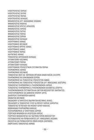 ΗΛΕΚΤΡΟΛΟΓΙΑΣ ΛΑΡΙΣΑΣ
ΗΛΕΚΤΡΟΛΟΓΙΑΣ ΠΑΤΡΑΣ
ΗΛΕΚΤΡΟΛΟΓΙΑΣ ΠΕΙΡΑΙΑ
ΗΛΕΚΤΡΟΛΟΓΙΑΣ ΧΑΛΚΙ∆ΑΣ
ΜΗΧΑΝΟΛΟΓΙΑΣ ∆ΥΤ. ΜΑΚΕ∆ΟΝΙΑΣ (ΚΟΖΑΝΗ)
ΜΗΧΑΝΟΛΟΓΙΑΣ ΚΑΒΑΛΑΣ
ΜΗΧΑΝΟΛΟΓΙΑΣ ΚΡΗΤΗΣ (ΗΡΑΚΛΕΙΟ)
ΜΗΧΑΝΟΛΟΓΙΑΣ ΛΑΡΙΣΑΣ
ΜΗΧΑΝΟΛΟΓΙΑΣ ΠΑΤΡΑΣ
ΜΗΧΑΝΟΛΟΓΙΑΣ ΠΕΙΡΑΙΑ
ΜΗΧΑΝΟΛΟΓΙΑΣ ΣΕΡΡΩΝ
ΜΗΧΑΝΟΛΟΓΙΑΣ ΧΑΛΚΙ∆ΑΣ
ΗΛΕΚΤΡΟΝΙΚΗΣ ΑΘΗΝΑΣ
ΗΛΕΚΤΡΟΝΙΚΗΣ ΘΕΣ/ΝΙΚΗΣ
ΗΛΕΚΤΡΟΝΙΚΗΣ ΚΡΗΤΗΣ (ΧΑΝΙΑ)
ΗΛΕΚΤΡΟΝΙΚΗΣ ΛΑΜΙΑΣ
ΗΛΕΚΤΡΟΝΙΚΗΣ ΠΕΙΡΑΙΑ
ΝΑΥΠΗΓΙΚΗΣ ΑΘΗΝΑΣ
ΤΕΧΝΟΛΟΓΙΑΣ ΑΕΡΟΣΚΑΦΩΝ ΧΑΛΚΙ∆ΑΣ
ΑΥΤΟΜΑΤΙΣΜΟΥ ΘΕΣ/ΝΙΚΗΣ
ΑΥΤΟΜΑΤΙΣΜΟΥ ΠΕΙΡΑΙΑ
ΑΥΤΟΜΑΤΙΣΜΟΥ ΧΑΛΚΙ∆ΑΣ
ΗΛΕΚΤΡΟΝΙΚΩΝ ΥΠΟΛΟΓΙΣΤΙΚΩΝ ΣΥΣΤΗΜΑΤΩΝ ΠΕΙΡΑΙΑ
ΠΛΗΡΟΦΟΡΙΚΗΣ ΑΘΗΝΑΣ
ΠΛΗΡΟΦΟΡΙΚΗΣ ΘΕΣ/ΝΙΚΗΣ
ΤΕΧΝΟΛΟΓΙΑΣ ΗΧΟΥ ΚΑΙ ΜΟΥΣΙΚΩΝ ΟΡΓΑΝΩΝ ΙΟΝΙΩΝ ΝΗΣΩΝ (ΛΗΞΟΥΡΙ)
ΠΛΗΡΟΦΟΡΙΚΗΣ ΚΑΙ ΕΠΙΚΟΙΝΩΝΙΩΝ ΣΕΡΡΩΝ
ΠΛΗΡΟΦΟΡΙΚΗΣ ΚΑΙ ΤΕΧΝΟΛΟΓΙΑΣ ΥΠΟΛΟΓΙΣΤΩΝ ΛΑΜΙΑΣ
ΠΛΗΡΟΦΟΡΙΚΗΣ ΚΑΙ ΤΕΧΝΟΛΟΓΙΑΣ ΥΠΟΛΟΓΙΣΤΩΝ ∆ΥΤ. ΜΑΚΕ∆ΟΝΙΑΣ (ΚΑΣΤΟΡΙΑ)
ΤΕΧΝΟΛΟΓΙΑΣ ΠΛΗΡΟΦΟΡΙΚΗΣ & ΤΗΛΕΠΙΚΟΙΝΩΝΙΩΝ ΛΑΡΙΣΑΣ
ΤΕΧΝΟΛΟΓΙΑΣ ΠΛΗΡΟΦΟΡΙΚΗΣ & ΤΗΛΕΠΙΚΟΙΝΩΝΙΩΝ ΚΑΛΑΜΑΤΑΣ (ΣΠΑΡΤΗ)
ΤΗΛΕΠΙΚΟΙΝΩΝΙΑΚΩΝ ΣΥΣΤΗΜΑΤΩΝ ΚΑΙ ∆ΙΚΤΥΩΝ ΜΕΣΟΛΟΓΓΙΟΥ (ΝΑΥΠΑΚΤΟΣ)
ΤΗΛΕΠΛΗΡΟΦΟΡΙΚΗΣ ΚΑΙ ∆ΙΟΙΚΗΣΗΣ ΗΠΕΙΡΟΥ (ΑΡΤΑ)
∆ΙΑΧΕΙΡΙΣΗΣ ΠΛΗΡΟΦΟΡΙΩΝ ΚΑΒΑΛΑΣ
ΟΧΗΜΑΤΩΝ ΘΕΣ/ΝΙΚΗΣ
ΣΧΕ∆ΙΑΣΜΟΥ & ΠΑΡΑΓΩΓΗΣ ΕΝ∆ΥΜΑΤΩΝ ΘΕΣ/ΝΙΚΗΣ (ΚΙΛΚΙΣ)
ΣΧΕ∆ΙΑΣΜΟΥ & ΤΕΧΝΟΛΟΓΙΑΣ ΞΥΛΟΥ & ΕΠΙΠΛΟΥ ΛΑΡΙΣΑΣ (ΚΑΡ∆ΙΤΣΑ)
ΤΕΧΝΟΛΟΓΙΑΣ ΠΕΤΡΕΛΑΙΟΥ ΚΑΙ ΦΥΣΙΚΟΥ ΑΕΡΙΟΥ ΚΑΒΑΛΑΣ
ΒΙΟΜΗΧΑΝΙΚΗ ΠΛΗΡΟΦΟΡΙΚΗ ΚΑΒΑΛΑΣ
ΓΕΩΠΛΗΡΟΦΟΡΙΚΗΣ & ΤΟΠΟΓΡΑΦΙΑΣ ΣΕΡΡΩΝ
ΓΕΩΡΓΙΚΩΝ ΜΗΧΑΝΩΝ ΚΑΙ ΑΡ∆ΕΥΣΕΩΝ ΛΑΡΙΣΑΣ
ΓΕΩΡΓΙΚΗΣ ΜΗΧΑΝΟΛΟΓΙΑΣ ΚΑΙ Υ∆ΑΤΙΝΩΝ ΠΟΡΩΝ ΜΕΣΟΛΟΓΓΙΟΥ
ΓΕΩΤΕΧΝΟΛΟΠΑΣ ΚΑΙ ΠΕΡΙΒΑΛΛΟΝΤΟΣ ∆ΥΤ. ΜΑΚΕ∆ΟΝΙΑΣ (ΚΟΖΑΝΗ)
ΟΙΚΟΛΟΓΙΑΣ ΚΑΙ ΠΕΡΙΒΑΛΛΟΝΤΟΣ ΙΟΝΙΩΝ ΝΗΣΩΝ (ΖΑΚΥΝΘΟΣ)
ΕΝΕΡΓΕΙΑΚΗΣ ΤΕΧΝΟΛΟΓΙΑΣ ΑΘΗΝΑΣ

                                       - 33 -
 