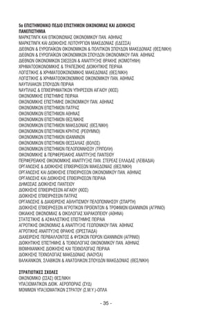 5ο ΕΠΙΣΤΗΜΟΝΙΚΟ ΠΕ∆ΙΟ ΕΠΙΣΤΗΜΩΝ ΟΙΚΟΝΟΜΙΑΣ ΚΑΙ ∆ΙΟΙΚΗΣΗΣ
ΠΑΝΕΠΙΣΤΗΜΙΑ
ΜΑΡΚΕΤΙΝΓΚ ΚΑΙ ΕΠΙΚΟΙΝΩΝΙΑΣ ΟΙΚΟΝΟΜΙΚΟΥ ΠΑΝ. ΑΘΗΝΑΣ
ΜΑΡΚΕΤΙΝΓΚ ΚΑΙ ∆ΙΟΙΚΗΣΗΣ ΛΕΙΤΟΥΡΓΙΩΝ ΜΑΚΕ∆ΟΝΙΑΣ (Ε∆ΕΣΣΑ)
∆ΙΕΘΝΩΝ & ΕΥΡΩΠΑΪΚΩΝ ΟΙΚΟΝΟΜΙΚΩΝ & ΠΟΛΙΤΙΚΩΝ ΣΠΟΥ∆ΩΝ ΜΑΚΕ∆ΟΝΙΑΣ (ΘΕΣ/ΝΙΚΗ)
∆ΙΕΘΝΩΝ & ΕΥΡΩΠΑΪΚΩΝ ΟΙΚΟΝΟΜΙΚΩΝ ΣΠΟΥ∆ΩΝ ΟΙΚΟΝΟΜΙΚΟΥ ΠΑΝ. ΑΘΗΝΑΣ
∆ΙΕΘΝΩΝ ΟΙΚΟΝΟΜΙΚΩΝ ΣΧΕΣΕΩΝ & ΑΝΑΠΤΥΞΗΣ ΘΡΑΚΗΣ (ΚΟΜΟΤΗΝΗ)
ΧΡΗΜΑΤΟΟΙΚΟΝΟΜΙΚΗΣ & ΤΡΑΠΕΖΙΚΗΣ ∆ΙΟΙΚΗΤΙΚΗΣ ΠΕΙΡΑΙΑ
ΛΟΓΙΣΤΙΚΗΣ & ΧΡΗΜΑΤΟΟΙΚΟΝΟΜΙΚΗΣ ΜΑΚΕ∆ΟΝΙΑΣ (ΘΕΣ/ΝΙΚΗ)
ΛΟΓΙΣΤΙΚΗΣ & ΧΡΗΜΑΤΟΟΙΚΟΝΟΜΙΚΗΣ ΟΙΚΟΝΟΜΙΚΟΥ ΠΑΝ. ΑΘΗΝΑΣ
ΝΑΥΤΙΛΙΑΚΩΝ ΣΠΟΥ∆ΩΝ ΠΕΙΡΑΙΑ
ΝΑΥΤΙΛΙΑΣ & ΕΠΙΧΕΙΡΗΜΑΤΙΚΩΝ ΥΠΗΡΕΣΙΩΝ ΑΙΓΑΙΟΥ (ΧΙΟΣ)
ΟΙΚΟΝΟΜΙΚΗΣ ΕΠΙΣΤΗΜΗΣ ΠΕΙΡΑΙΑ
ΟΙΚΟΝΟΜΙΚΗΣ ΕΠΙΣΤΗΜΗΣ ΟΙΚΟΝΟΜΙΚΟΥ ΠΑΝ. ΑΘΗΝΑΣ
ΟΙΚΟΝΟΜΙΚΩΝ ΕΠΙΣΤΗΜΩΝ ΠΑΤΡΑΣ
ΟΙΚΟΝΟΜΙΚΩΝ ΕΠΙΣΤΗΜΩΝ ΑΘΗΝΑΣ
ΟΙΚΟΝΟΜΙΚΩΝ ΕΠΙΣΤΗΜΩΝ ΘΕΣ/ΝΙΚΗΣ
ΟΙΚΟΝΟΜΙΚΩΝ ΕΠΙΣΤΗΜΩΝ ΜΑΚΕ∆ΟΝΙΑΣ (ΘΕΣ/ΝΙΚΗ)
ΟΙΚΟΝΟΜΙΚΩΝ ΕΠΙΣΤΗΜΩΝ ΚΡΗΤΗΣ (ΡΕΘΥΜΝΟ)
ΟΙΚΟΝΟΜΙΚΩΝ ΕΠΙΣΤΗΜΩΝ ΙΩΑΝΝΙΝΩΝ
ΟΙΚΟΝΟΜΙΚΩΝ ΕΠΙΣΤΗΜΩΝ ΘΕΣΣΑΛΙΑΣ (ΒΟΛΟΣ)
ΟΙΚΟΝΟΜΙΚΩΝ ΕΠΙΣΤΗΜΩΝ ΠΕΛΟΠΟΝΝΗΣΟΥ (ΤΡΙΠΟΛΗ)
ΟΙΚΟΝΟΜΙΚΗΣ & ΠΕΡΙΦΕΡΕΙΑΚΗΣ ΑΝΑΠΤΥΞΗΣ ΠΑΝΤΕΙΟΥ
ΠΕΡΙΦΕΡΕΙΑΚΗΣ ΟΙΚΟΝΟΜΙΚΗΣ ΑΝΑΠΤΥΞΗΣ ΠΑΝ. ΣΤΕΡΕΑΣ ΕΛΛΑ∆ΑΣ (ΛΕΙΒΑ∆ΙΑ)
ΟΡΓΑΝΩΣΗΣ & ∆ΙΟΙΚΗΣΗΣ ΕΠΙΧΕΙΡΗΣΕΩΝ ΜΑΚΕ∆ΟΝΙΑΣ (ΘΕΣ/ΝΙΚΗ)
ΟΡΓΑΝΩΣΗΣ ΚΑΙ ∆ΙΟΙΚΗΣΗΣ ΕΠΙΧΕΙΡΗΣΕΩΝ ΟΙΚΟΝΟΜΙΚΟΥ ΠΑΝ. ΑΘΗΝΑΣ
ΟΡΓΑΝΩΣΗΣ ΚΑΙ ∆ΙΟΙΚΗΣΗΣ ΕΠΙΧΕΙΡΗΣΕΩΝ ΠΕΙΡΑΙΑ
∆ΗΜΟΣΙΑΣ ∆ΙΟΙΚΗΣΗΣ ΠΑΝΤΕΙΟΥ
∆ΙΟΙΚΗΣΗΣ ΕΠΙΧΕΙΡΗΣΕΩΝ ΑΙΓΑΙΟΥ (ΧΙΟΣ)
∆ΙΟΙΚΗΣΗΣ ΕΠΙΧΕΙΡΗΣΕΩΝ ΠΑΤΡΑΣ
ΟΡΓΑΝΩΣΗΣ & ∆ΙΑΧΕΙΡΙΣΗΣ ΑΘΛΗΤΙΣΜΟΥ ΠΕΛΟΠΟΝΝΗΣΟΥ (ΣΠΑΡΤΗ)
∆ΙΟΙΚΗΣΗΣ ΕΠΙΧΕΙΡΗΣΕΩΝ ΑΓΡΟΤΙΚΩΝ ΠΡΟΪΟΝΤΩΝ & ΤΡΟΦΙΜΩΝ ΙΩΑΝΝΙΝΩΝ (ΑΓΡΙΝΙΟ)
ΟΙΚΙΑΚΗΣ ΟΙΚΟΝΟΜΙΑΣ & ΟΙΚΟΛΟΓΙΑΣ ΧΑΡΑΚΟΠΕΙΟΥ (ΑΘΗΝΑ)
ΣΤΑΤΙΣΤΙΚΗΣ & ΑΣΦΑΛΙΣΤΙΚΗΣ ΕΠΙΣΤΗΜΗΣ ΠΕΙΡΑΙΑ
ΑΓΡΟΤΙΚΗΣ ΟΙΚΟΝΟΜΙΑΣ & ΑΝΑΠΤΥΞΗΣ ΓΕΩΠΟΝΙΚΟΥ ΠΑΝ. ΑΘΗΝΑΣ
ΑΓΡΟΤΙΚΗΣ ΑΝΑΠΤΥΞΗΣ ΘΡΑΚΗΣ (ΟΡΕΣΤΙΑ∆Α)
∆ΙΑΧΕΙΡΙΣΗΣ ΠΕΡΙΒΑΛΛΟΝΤΟΣ & ΦΥΣΙΚΩΝ ΠΟΡΩΝ ΙΩΑΝΝΙΝΩΝ (ΑΓΡΙΝΙΟ)
∆ΙΟΙΚΗΤΙΚΗΣ ΕΠΙΣΤΗΜΗΣ & ΤΕΧΝΟΛΟΓΙΑΣ ΟΙΚΟΝΟΜΙΚΟΥ ΠΑΝ. ΑΘΗΝΑΣ
ΒΙΟΜΗΧΑΝΙΚΗΣ ∆ΙΟΙΚΗΣΗΣ ΚΑΙ ΤΕΧΝΟΛΟΓΙΑΣ ΠΕΙΡΑΙΑ
∆ΙΟΙΚΗΣΗΣ ΤΕΧΝΟΛΟΓΙΑΣ ΜΑΚΕ∆ΟΝΙΑΣ (ΝΑΟΥΣΑ)
ΒΑΛΚΑΝΙΚΩΝ, ΣΛΑΒΙΚΩΝ & ΑΝΑΤΟΛΙΚΩΝ ΣΠΟΥ∆ΩΝ ΜΑΚΕ∆ΟΝΙΑΣ (ΘΕΣ/ΝΙΚΗ)

ΣΤΡΑΤΙΩΤΙΚΕΣ ΣΧΟΛΕΣ
ΟΙΚΟΝΟΜΙΚΟ (ΣΣΑΣ) ΘΕΣ/ΝΙΚΗ
ΥΠΑΞΙΩΜΑΤΙΚΩΝ ∆ΙΟΙΚ. ΑΕΡΟΠΟΡΙΑΣ (ΣΥ∆)
ΜΟΝΙΜΩΝ ΥΠΑΞΙΩΜΑΤΙΚΩΝ ΣΤΡΑΤΟΥ (Σ.Μ.Υ.)-ΟΠΛΑ

                                       - 35 -
 