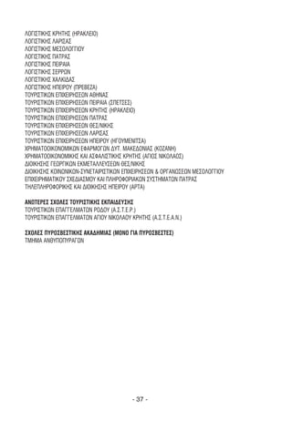 ΛΟΓΙΣΤΙΚΗΣ ΚΡΗΤΗΣ (ΗΡΑΚΛΕΙΟ)
ΛΟΓΙΣΤΙΚΗΣ ΛΑΡΙΣΑΣ
ΛΟΓΙΣΤΙΚΗΣ ΜΕΣΟΛΟΓΓΙΟΥ
ΛΟΓΙΣΤΙΚΗΣ ΠΑΤΡΑΣ
ΛΟΓΙΣΤΙΚΗΣ ΠΕΙΡΑΙΑ
ΛΟΓΙΣΤΙΚΗΣ ΣΕΡΡΩΝ
ΛΟΓΙΣΤΙΚΗΣ ΧΑΛΚΙ∆ΑΣ
ΛΟΓΙΣΤΙΚΗΣ ΗΠΕΙΡΟΥ (ΠΡΕΒΕΖΑ)
ΤΟΥΡΙΣΤΙΚΩΝ ΕΠΙΧΕΙΡΗΣΕΩΝ ΑΘΗΝΑΣ
ΤΟΥΡΙΣΤΙΚΩΝ ΕΠΙΧΕΙΡΗΣΕΩΝ ΠΕΙΡΑΙΑ (ΣΠΕΤΣΕΣ)
ΤΟΥΡΙΣΤΙΚΩΝ ΕΠΙΧΕΙΡΗΣΕΩΝ ΚΡΗΤΗΣ (ΗΡΑΚΛΕΙΟ)
ΤΟΥΡΙΣΤΙΚΩΝ ΕΠΙΧΕΙΡΗΣΕΩΝ ΠΑΤΡΑΣ
ΤΟΥΡΙΣΤΙΚΩΝ ΕΠΙΧΕΙΡΗΣΕΩΝ ΘΕΣ/ΝΙΚΗΣ
ΤΟΥΡΙΣΤΙΚΩΝ ΕΠΙΧΕΙΡΗΣΕΩΝ ΛΑΡΙΣΑΣ
ΤΟΥΡΙΣΤΙΚΩΝ ΕΠΙΧΕΙΡΗΣΕΩΝ ΗΠΕΙΡΟΥ (ΗΓΟΥΜΕΝΙΤΣΑ)
ΧΡΗΜΑΤΟΟΙΚΟΝΟΜΙΚΩΝ ΕΦΑΡΜΟΓΩΝ ∆ΥΤ. ΜΑΚΕ∆ΟΝΙΑΣ (ΚΟΖΑΝΗ)
ΧΡΗΜΑΤΟΟΙΚΟΝΟΜΙΚΗΣ ΚΑΙ ΑΣΦΑΛΙΣΤΙΚΗΣ ΚΡΗΤΗΣ (ΑΓΙΟΣ ΝΙΚΟΛΑΟΣ)
∆ΙΟΙΚΗΣΗΣ ΓΕΩΡΓΙΚΩΝ ΕΚΜΕΤΑΛΛΕΥΣΕΩΝ ΘΕΣ/ΝΙΚΗΣ
∆ΙΟΙΚΗΣΗΣ ΚΟΙΝΩΝΙΚΩΝ-ΣΥΝΕΤΑΙΡΙΣΤΙΚΩΝ ΕΠΙΧΕΙΡΗΣΕΩΝ & ΟΡΓΑΝΩΣΕΩΝ ΜΕΣΟΛΟΓΓΙΟΥ
ΕΠΙΧΕΙΡΗΜΑΤΙΚΟΥ ΣΧΕ∆ΙΑΣΜΟΥ ΚΑΙ ΠΛΗΡΟΦΟΡΙΑΚΩΝ ΣΥΣΤΗΜΑΤΩΝ ΠΑΤΡΑΣ
ΤΗΛΕΠΛΗΡΟΦΟΡΙΚΗΣ ΚΑΙ ∆ΙΟΙΚΗΣΗΣ ΗΠΕΙΡΟΥ (ΑΡΤΑ)

ΑΝΩΤΕΡΕΣ ΣΧΟΛΕΣ ΤΟΥΡΙΣΤΙΚΗΣ ΕΚΠΑΙ∆ΕΥΣΗΣ
ΤΟΥΡΙΣΤΙΚΩΝ ΕΠΑΓΓΕΛΜΑΤΩΝ ΡΟ∆ΟΥ (Α.Σ.Τ.Ε.Ρ.)
ΤΟΥΡΙΣΤΙΚΩΝ ΕΠΑΓΓΕΛΜΑΤΩΝ ΑΓΙΟΥ ΝΙΚΟΛΑΟΥ ΚΡΗΤΗΣ (Α.Σ.Τ.Ε.Α.Ν.)

ΣΧΟΛΕΣ ΠΥΡΟΣΒΕΣΤΙΚΗΣ ΑΚΑ∆ΗΜΙΑΣ (ΜΟΝΟ ΓΙΑ ΠΥΡΟΣΒΕΣΤΕΣ)
ΤΜΗΜΑ ΑΝΘΥΠΟΠΥΡΑΓΩΝ




                                         - 37 -
 