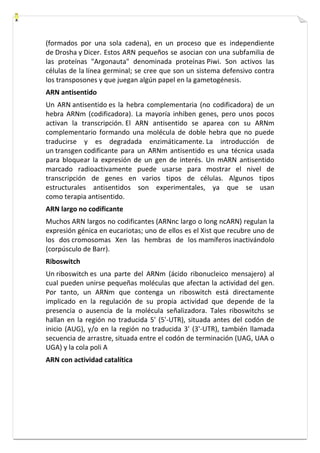 (formados por una sola cadena), en un proceso que es independiente 
de Drosha y Dicer. Estos ARN pequeños se asocian con una subfamilia de 
las proteínas "Argonauta" denominada proteínas Piwi. Son activos las 
células de la línea germinal; se cree que son un sistema defensivo contra 
los transposones y que juegan algún papel en la gametogénesis. 
ARN antisentido 
Un ARN antisentido es la hebra complementaria (no codificadora) de un 
hebra ARNm (codificadora). La mayoría inhiben genes, pero unos pocos 
activan la transcripción. El ARN antisentido se aparea con su ARNm 
complementario formando una molécula de doble hebra que no puede 
traducirse y es degradada enzimáticamente. La introducción de 
un transgen codificante para un ARNm antisentido es una técnica usada 
para bloquear la expresión de un gen de interés. Un mARN antisentido 
marcado radioactivamente puede usarse para mostrar el nivel de 
transcripción de genes en varios tipos de células. Algunos tipos 
estructurales antisentidos son experimentales, ya que se usan 
como terapia antisentido. 
ARN largo no codificante 
Muchos ARN largos no codificantes (ARNnc largo o long ncARN) regulan la 
expresión génica en eucariotas; uno de ellos es el Xist que recubre uno de 
los dos cromosomas Xen las hembras de los mamíferos inactivándolo 
(corpúsculo de Barr). 
Riboswitch 
Un riboswitch es una parte del ARNm (ácido ribonucleico mensajero) al 
cual pueden unirse pequeñas moléculas que afectan la actividad del gen. 
Por tanto, un ARNm que contenga un riboswitch está directamente 
implicado en la regulación de su propia actividad que depende de la 
presencia o ausencia de la molécula señalizadora. Tales riboswitchs se 
hallan en la región no traducida 5' (5'-UTR), situada antes del codón de 
inicio (AUG), y/o en la región no traducida 3' (3'-UTR), también llamada 
secuencia de arrastre, situada entre el codón de terminación (UAG, UAA o 
UGA) y la cola poli A 
ARN con actividad catalítica 
 