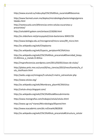 http://www.ecured.cu/index.php/C%C3%A9lula_eucariota#Ribosomas 
http://www.facmed.unam.mx/deptos/microbiologia/bacteriologia/genera 
lidades.html 
http://neetescuela.com/diferencias-entre-celulas-eucariotas-y-procariotas/ 
http://celulabhill.galeon.com/enlaces1218266.html 
http://es.slideshare.net/priscyayala2/clula-bacteriana-30455726 
http://www.biologia.edu.ar/microgeneral/micro-ianez/09_micro.htm 
http://es.wikipedia.org/wiki/Citoplasma 
http://es.wikipedia.org/wiki/Espacio_periplasm%C3%A1tico 
http://es.wikipedia.org/wiki/C%C3%A9lula_procariota#Diversidad_bioqu. 
C3.ADmica_y_metab.C3.B3lica 
http://myprofeciencias.wordpress.com/2011/03/05/clases-de-clulas/ 
http://platea.pntic.mec.es/curso20/rea_ciencias/2013/inescifuentes/la_cl 
ula_clasificacin.html 
http://webs.uvigo.es/mmegias/5-celulas/2-matriz_extracelular.php 
http://www.celulas.org/ 
http://es.wikipedia.org/wiki/Membrana_plasm%C3%A1tica 
http://celula-uhscp.blogspot.com/ 
http://es.wikipedia.org/wiki/C%C3%A9lula#Descubrimiento 
http://www.monografias.com/trabajos/celula/celula.shtml 
http://www.ugr.es/~eianez/Microbiologia/05pared.htm 
http://www.esacademic.com/dic.nsf/eswiki/862818 
http://es.wikipedia.org/wiki/C%C3%A9lula_procariota#Estructura_celular 
 