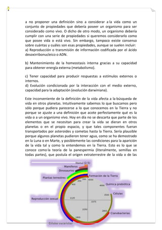 a no proponer una definición sino a considerar a la vida como un 
conjunto de propiedades que debería poseer un organismo para ser 
considerado como vivo. O dicho de otro modo, un organismo debería 
cumplir con una serie de propiedades si queremos considerarlo como 
que posee vida o está vivo. Sin embargo, tampoco existe consenso 
sobre cuántas y cuáles son esas propiedades, aunque se suelen incluir: 
a) Reproducción o transmisión de información codificada por el ácido 
desoxirribonucleico o ADN. 
b) Mantenimiento de la homeostasis interna gracias a su capacidad 
para obtener energía externa (metabolismo). 
c) Tener capacidad para producir respuestas a estímulos externos o 
internos. 
d) Evolución condicionada por la interacción con el medio externo, 
capacidad para la adaptación (evolución darwiniana). 
Este inconveniente de la definición de la vida afecta a la búsqueda de 
vida en otros planetas. Intuitivamente sabemos lo que buscamos pero 
sólo porque pudiera parecerse a lo que conocemos en la Tierra y no 
porque se ajuste a una definición que acote perfectamente qué es la 
vida o a un organismo vivo. Hoy en día no se descarta que parte de los 
elementos que se necesitan para crear la vida se dieran en otros 
planetas o en el propio espacio, y que tales componentes fueran 
transportados por asteroides y cometas hasta la Tierra. Sería plausible 
porque algunos planetas pudieron tener agua, como se ha demostrado 
en la Luna o en Marte, y posiblemente las condiciones para la aparición 
de la vida tal y como la entendemos en la Tierra. Esto es lo que se 
conoce como la teoría de la panespermia (literalmente, semillas en 
todas partes), que postula el origen extraterrestre de la vida o de las 
 