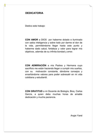 DEDICATORIA 
Dedico este trabajo: 
CON AMOR a DIOS por haberme dotado e iluminado 
con sabia inteligencia y sobre todo por darme el don de 
la vida, permitiéndome llegar hasta este punto y 
haberme dado salud, fortaleza y valor para lograr mis 
objetivos, además de su infinita bondad y amor. 
CON ADMIRACIÓN a mis Padres y Hermana cuyo 
sacrificio me están haciendo llegar a cumplir mis sueños, 
con su motivación constante, dándome consejos y 
enseñándome valores para poder sobresalir en mi vida 
cotidiana y estudiantil. 
CON GRATITUD a mi Docente de Biología, Bioq. Carlos 
García, a quien debo muchas horas de amable 
dedicación y mucha paciencia. 
Angie Yarel 
 