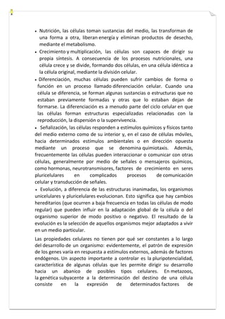  Nutrición, las células toman sustancias del medio, las transforman de 
una forma a otra, liberan energía y eliminan productos de desecho, 
mediante el metabolismo. 
 Crecimiento y multiplicación, las células son capaces de dirigir su 
propia síntesis. A consecuencia de los procesos nutricionales, una 
célula crece y se divide, formando dos células, en una célula idéntica a 
la célula original, mediante la división celular. 
 Diferenciación, muchas células pueden sufrir cambios de forma o 
función en un proceso llamado diferenciación celular. Cuando una 
célula se diferencia, se forman algunas sustancias o estructuras que no 
estaban previamente formadas y otras que lo estaban dejan de 
formarse. La diferenciación es a menudo parte del ciclo celular en que 
las células forman estructuras especializadas relacionadas con la 
reproducción, la dispersión o la supervivencia. 
 Señalización, las células responden a estímulos químicos y físicos tanto 
del medio externo como de su interior y, en el caso de células móviles, 
hacia determinados estímulos ambientales o en dirección opuesta 
mediante un proceso que se denomina quimiotaxis. Además, 
frecuentemente las células pueden interaccionar o comunicar con otras 
células, generalmente por medio de señales o mensajeros químicos, 
como hormonas, neurotransmisores, factores de crecimiento en seres 
pluricelulares en complicados procesos de comunicación 
celular y transducción de señales. 
 Evolución, a diferencia de las estructuras inanimadas, los organismos 
unicelulares y pluricelulares evolucionan. Esto significa que hay cambios 
hereditarios (que ocurren a baja frecuencia en todas las células de modo 
regular) que pueden influir en la adaptación global de la célula o del 
organismo superior de modo positivo o negativo. El resultado de la 
evolución es la selección de aquellos organismos mejor adaptados a vivir 
en un medio particular. 
Las propiedades celulares no tienen por qué ser constantes a lo largo 
del desarrollo de un organismo: evidentemente, el patrón de expresión 
de los genes varía en respuesta a estímulos externos, además de factores 
endógenos. Un aspecto importante a controlar es la pluripotencialidad, 
característica de algunas células que les permite dirigir su desarrollo 
hacia un abanico de posibles tipos celulares. En metazoos, 
la genética subyacente a la determinación del destino de una célula 
consiste en la expresión de determinados factores de 
 