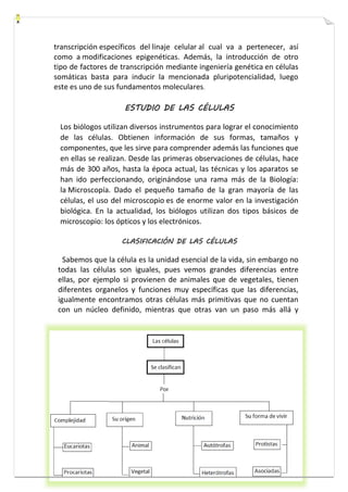 transcripción específicos del linaje celular al cual va a pertenecer, así 
como a modificaciones epigenéticas. Además, la introducción de otro 
tipo de factores de transcripción mediante ingeniería genética en células 
somáticas basta para inducir la mencionada pluripotencialidad, luego 
este es uno de sus fundamentos moleculares. 
ESTUDIO DE LAS CÉLULAS 
Los biólogos utilizan diversos instrumentos para lograr el conocimiento 
de las células. Obtienen información de sus formas, tamaños y 
componentes, que les sirve para comprender además las funciones que 
en ellas se realizan. Desde las primeras observaciones de células, hace 
más de 300 años, hasta la época actual, las técnicas y los aparatos se 
han ido perfeccionando, originándose una rama más de la Biología: 
la Microscopía. Dado el pequeño tamaño de la gran mayoría de las 
células, el uso del microscopio es de enorme valor en la investigación 
biológica. En la actualidad, los biólogos utilizan dos tipos básicos de 
microscopio: los ópticos y los electrónicos. 
CLASIFICACIÓN DE LAS CÉLULAS 
Sabemos que la célula es la unidad esencial de la vida, sin embargo no 
todas las células son iguales, pues vemos grandes diferencias entre 
ellas, por ejemplo si provienen de animales que de vegetales, tienen 
diferentes organelos y funciones muy específicas que las diferencias, 
igualmente encontramos otras células más primitivas que no cuentan 
con un núcleo definido, mientras que otras van un paso más allá y 
 