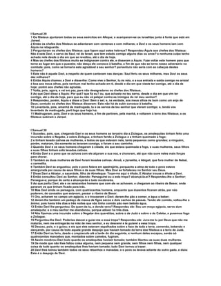 I Samuel 29
1 Os filisteus ajuntaram todos os seus exércitos em Afeque; e acamparam-se os israelitas junto à fonte que está em
Jizreel.
2 Então os chefes dos filisteus se adiantaram com centenas e com milhares; e Davi e os seus homens iam com
Áquis na retaguarda.
3 Perguntaram os chefes dos filisteus: que fazem aqui estes hebreus? Respondeu Áquis aos chefes dos filisteus:
Não é este Davi, o servo de Saul, rei de Israel, que tem estado comigo alguns dias ou anos? e nenhuma culpa tenho
achado nele desde o dia em que se revoltou, até o dia de hoje.
4 Mas os chefes dos filisteus muito se indignaram contra ele, e disseram a Áquis: Faze voltar este homem para que
torne ao lugar em que o puseste; não desça ele conosco à batalha, a fim de que não se torne nosso adversário no
combate; pois, como se tornaria este agradável a seu senhor? porventura não seria com as cabeças destes
homens?
5 Este não é aquele Davi, a respeito de quem cantavam nas danças: Saul feriu os seus milhares, mas Davi os seus
dez milhares?
6 Então Áquis chamou a Davi e disse-lhe: Como vive o Senhor, tu és reto, e a sua entrada e saída comigo no arraial
é boa aos meus olhos, pois nenhum mal tenho achado em ti, desde o dia em que vieste ter comigo, até o dia de
hoje; porém aos chefes não agradas.
7 Volta, pois, agora, e vai em paz, para não desagradares os chefes dos filisteus.
8 Ao que Davi disse a Áquis: Por quê? que fiz eu? ou, que achaste no teu servo, desde o dia em que vim ter
contigo, até o dia de hoje, para que eu não vá pelejar contra es inimigos do rei meu senhor?
9 Respondeu, porém, Áquis e disse a Davi: Bem o sei; e, na verdade, aos meus olhos és bom como um anjo de
Deus; contudo os chefes dos filisteus disseram: Este não há de subir conosco à batalha.
10 Levanta-te, pois, amanhã de madrugada, tu e os servos de teu senhor que vieram contigo; e, tendo vos
levantado de madrugada, parti logo que haja luz.
11 Madrugaram, pois, Davi e os seus homens, a fim de partirem, pela manhã, e voltarem à terra dos filisteus; e os
filisteus subiram a Jizreel.



I Samuel 30
1 Sucedeu, pois, que, chegando Davi e os seus homens ao terceiro dia a Ziclague, os amalequitas tinham feito uma
incursão sobre o Negebe, e sobre Ziclague, e tinham ferido a Ziclague e a tinham queimado a fogo;
2 e tinham levado cativas as mulheres, e todos os que estavam nela, tanto pequenos como grandes; a ninguém,
porém, mataram, tão-somente os levaram consigo, e foram o seu caminho.
3 Quando Davi e os seus homens chegaram à cidade, eis que estava queimada a fogo, e suas mulheres, seus filhos
e suas filhas tinham sido levados cativos.
4 Então Davi e o povo que se achava com ele alçaram a sua voz, e choraram, até que não ouve neles mais forças
para chorar.
5 Também as duas mulheres de Davi foram levadas cativas: Ainoã, a jizreelita, e Abigail, que fora mulher de Nabal,
o carmelita.
6 Também Davi se angustiou; pois o povo falava em apedrejá-lo, porquanto a alma de todo o povo estava
amargurada por causa de seus filhos e de suas filhas. Mas Davi se fortaleceu no Senhor seu Deus.
7 Disse Davi a Abiatar, o sacerdote, filho de Aimeleque: Traze-me aqui o éfode. E Abiatar trouxe o éfode a Davi.
8 Então consultou Davi ao Senhor, dizendo: Perseguirei eu a esta tropa? alcançá-la-ei? Respondeu-lhe o Senhor:
Persegue-a; porque de certo a alcançarás e tudo recobrarás.
9 Ao que partiu Davi, ele e os seiscentos homens que com ele se achavam, e chegaram ao ribeiro de Besor, onde
pararam os que tinham ficado para trás.
10 Mas Davi ainda os perseguia, com quatrocentos homens, enquanto que duzentos ficaram atrás, por não
poderem, de cansados que estavam, passar o ribeiro de Besor.
11 Ora, acharam no campo um egípcio, e o trouxeram a Davi; deram-lhe pão a comer, e água a beber;
12 deram-lhe também um pedaço de massa de figos secos e dois cachos de passas. Tendo ele comido, voltou-lhe o
ânimo; pois havia três dias e três noites que não tinha comido pão nem bebido água.
13 Então Davi lhe perguntou: De quem és tu, e donde vens? Respondeu ele: Sou um moço egípcio, servo dum
amalequita; e o meu senhor me abandonou, porque adoeci há três dias.
14 Nós fizemos uma incursão sobre o Negebe dos queretitas, sobre o de Judá e sobre o de Calebe, e pusemos fogo
a Ziclague.
15 Perguntou-lhe Davi: Poderias descer e guiar-me a essa tropa? Respondeu ele: Jura-me tu por Deus que não me
matarás, nem me entregarás na mão de meu senhor, e eu descerei e te guiarei a essa tropa.
16 Desceu, pois, e o guiou; e eis que eles estavam espalhados sobre a face de toda a terra, comendo, bebendo e
dançando, por causa de todo aquele grande despojo que haviam tomado da terra dos filisteus e a terra de Judá.
17 Então Davi os feriu, desde o crepúsculo até a tarde do dia seguinte, e nenhum deles escapou, senão só
quatrocentos mancebos que, montados sobre camelos, fugiram.
18 Assim recobrou Davi tudo quanto os amalequitas haviam tomado; também libertou as suas duas mulheres.
19 De modo que não lhes faltou coisa alguma, nem pequena nem grande, nem filhos nem filhas, nem qualquer
coisa de tudo quanto os amalequitas lhes haviam tomado; tudo Davi tornou a trazer.
20 Davi lhes tomou também todos os seus rebanhos e manadas; e o povo os levava adiante do outro gado, e dizia:
Este é o despojo de Davi.
 