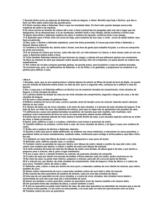 7 Quando Hirão ouviu as palavras de Salomão, muito se alegrou, e disse: Bendito seja hoje o Senhor, que deu a
Davi um filho sábio sobre este tão grande povo.
8 E Hirão mandou dizer a Salomão: Ouvi o que me mandaste dizer. Eu farei tudo quanto desejas acerca das
madeiras de cedro e de cipreste.
9 Os meus servos as levarão do Líbano até o mar, e farei conduzi-las em jangadas pelo mar até o lugar que me
designares; ali as desamarrarei, e tu as receberás; também farás o meu desejo, dando sustento à minha casa.
10 Assim dava Hirão a Salomão madeira de cedro e madeira de cipreste, conforme todo o seu desejo.
11 E Salomão dava a Hirão vinte mil coros de trigo, para sustento da sua casa, e vinte , coros de azeite batido; isso
fazia anualmente.
12 Deu, pois, o Senhor a Salomão sabedoria, como lhe tinha prometido. E houve paz entre Hirão e Salomão; e
fizeram aliança entre si.
13 Também e rei Salomão fez, dentre todo o Israel, uma leva de gente para trabalho forçado; e a leva se compunha
de trinta mil homens.
14 E os enviava ao Líbano por turnos, cada mês dez mil; um mês estavam no Líbano, e dois meses cada um em sua
casa; e Adonirão estava sobre a leva.
15 Tinha também Salomão setenta mil que levavam as cargas, e oitenta mil que talhavam pedras nas montanhas,
16 afora os mestres de obra que estavam sobre aquele serviço, três mil e trezentos, os quais davam as ordens aos
trabalhadores.
17 Por ordem do rei eles cortaram grandes pedras, de grande preço, para fundarem a casa em pedras lavradas.
18 Lavraram-nas, pois, os edificadores de Salomão, e os de Hirão, e os gebalitas, e prepararam as madeiras e as
pedras para edificar a casa.



I Reis 6
1 Sucedeu, pois, que no ano quatrocentos e oitenta depois de saírem os filhos de Israel da terra do Egito, no quarto
ano do reinado de Salomão sobre Israel, no mês de zive, que é o segundo mês, começou-se a edificar a casa do
Senhor.
2 Ora, a casa que e rei Salomão edificou ao Senhor era de sessenta côvados de comprimento, vinte côvados de
largura, e trinta côvados de altura.
3 E o pórtico diante do templo da casa era de vinte côvados de comprimento, segundo a largura da casa, e de dez
côvados de largura.
4 E fez para a casa janelas de gelósias fixas.
5 Edificou andares em torno da casa, contra a parede, tanto do templo como do oráculo, fazendo assim câmaras
laterais ao seu redor.
6 A câmara de baixo era de cinco côvados, a do meio de seis côvados, e a terceira de sete côvados de largura. E do
lado de fora, ao redor da casa, fez pilastras de reforço, para que as vigas não se apoiassem nas paredes da casa.
7 E edificava-se a casa com pedras lavradas na pedreira; de maneira que nem martelo, nem machado, nem
qualquer outro instrumento de ferro se ouviu na casa enquanto estava sendo edificada.
8 A porta para as câmaras laterais do meio estava à banda direita da casa; e por escadas espirais subia-se ao andar
do meio, e deste ao terceiro.
9 Assim, pois, edificou a casa, e a acabou, cobrindo-a com traves e pranchas de cedro.
10 Também edificou os andares, contra toda a casa, de cinco côvados de altura, e os ligou à casa com madeira de
cedro.
11 Então veio a palavra do Senhor a Salomão, dizendo:
12 Quanto a esta casa que tu estás edificando, se andares nos meus estatutos, e executares os meus preceitos, e
guardares todos os meus mandamentos, andando neles, confirmarei para contigo a minha palavra, que falei a Davi,
teu pai;
13 e habitarei no meio dos filhos de Israel, e não desampararei o meu povo de Israel.
14 Salomão, pois, edificou aquela casa, e a acabou.
15 Também cobriu as paredes da casa por dentro com tábuas de cedro; desde o soalho da casa até e teto, tudo
cobriu com madeira por dentro; e cobriu o soalho da casa com tábuas de cipreste.
16 A vinte côvados do fundo da casa fez de tábuas de cedro uma divisão, de altura igual à do teto; e por dentro a
preparou para o oráculo, isto é, para a lugar santíssimo.
17 E era a casa, isto é, o templo fronteiro ao oráculo, de quarenta côvados de comprido.
18 O cedro da casa por dentro era lavrado de botões e flores abertas; tudo era cedro; pedra nenhuma se via.
19 No meio da casa, na parte mais interior, preparou o oráculo, para pôr ali a arca do pacto do Senhor.
20 E o oráculo era, por dentro, de vinte côvados de comprimento, vinte de largura e vinte de altura; e o cobriu de
ouro puro. Também cobriu de cedro o altar.
21 Salomão, pois, cobriu a casa por dentro de ouro puro; e estendeu cadeias de ouro diante do oráculo, que cobriu
também de ouro.
22 Assim cobriu inteiramente de ouro a casa toda; também cobriu de ouro todo o altar do oráculo.
23 No oráculo fez dois querubins de madeira de oliveira, cada um com dez côvados de altura.
24 Uma asa de um querubim era de cinco côvados, e a outra de cinco côvados; dez côvados havia desde a
extremidade de uma das suas asas até a extremidade da outra.
25 Assim era também o outro querubim; ambos os querubins eram da mesma medida e do mesmo talho.
26 Um querubim tinha dez côvados de altura, e assim também o outro.
27 E pôs os querubins na parte mais interior da casa. As asas dos querubins se estendiam de maneira que a asa de
um tocava numa parede, e a do outro na outra parede, e as suas asas no meio da casa tocavam uma na outra.
28 Também cobriu de ouro os querubins.
 