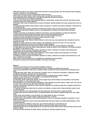 6 Não deis aos cães o que é santo, nem lanceis aos porcos as vossas pérolas, para não acontecer que as calquem
aos pés e, voltando-se, vos despedacem.
7 Pedí, e dar-se-vos-á; buscai, e achareis; batei e abrir-se-vos-á.
8 Pois todo o que pede, recebe; e quem busca, acha; e ao que bate, abrir-se-lhe-á.
9 Ou qual dentre vós é o homem que, se seu filho lhe pedir pão, lhe dará uma pedra?
10 Ou, se lhe pedir peixe, lhe dará uma serpente?
11 Se vós, pois, sendo maus, sabeis dar boas dádivas a vossos filhos, quanto mais vosso Pai, que está nos céus,
dará boas coisas aos que lhas pedirem?
12 Portanto, tudo o que vós quereis que os homens vos façam, fazei-lho também vós a eles; porque esta é a lei e os
profetas.
13 Entrai pela porta estreita; porque larga é a porta, e espaçoso o caminho que conduz à perdição, e muitos são os
que entram por ela;
14 e porque estreita é a porta, e apertado o caminho que conduz à vida, e poucos são os que a encontram.
15 Guardai-vos dos falsos profetas, que vêm a vós disfarçados em ovelhas, mas interiormente são lobos
devoradores.
16 Pelos seus frutos os conhecereis. Colhem-se, porventura, uvas dos espinheiros, ou figos dos abrolhos?
17 Assim, toda árvore boa produz bons frutos; porém a árvore má produz frutos maus.
18 Uma árvore boa não pode dar maus frutos; nem uma árvore má dar frutos bons.
19 Toda árvore que não produz bom fruto é cortada e lançada no fogo.
20 Portanto, pelos seus frutos os conhecereis.
21 Nem todo o que me diz: Senhor, Senhor! entrará no reino dos céus, mas aquele que faz a vontade de meu Pai,
que está nos céus.
22 Muitos me dirão naquele dia: Senhor, Senhor, não profetizamos nós em teu nome? e em teu nome não
expulsamos demônios? e em teu nome não fizemos muitos milagres?
23 Então lhes direi claramente: Nunca vos conheci; apartai-vos de mim, vós que praticais a iniquidade.
24 Todo aquele, pois, que ouve estas minhas palavras e as põe em prática, será comparado a um homem prudente,
que edificou a casa sobre a rocha.
25 E desceu a chuva, correram as torrentes, sopraram os ventos, e bateram com ímpeto contra aquela casa;
contudo não caiu, porque estava fundada sobre a rocha.
26 Mas todo aquele que ouve estas minhas palavras, e não as põe em prática, será comparado a um homem
insensato, que edificou a sua casa sobre a areia.
27 E desceu a chuva, correram as torrentes, sopraram os ventos, e bateram com ímpeto contra aquela casa, e ela
caiu; e grande foi a sua queda.
28 Ao concluir Jesus este discurso, as multidões se maravilhavam da sua doutrina;
29 porque as ensinava como tendo autoridade, e não como os escribas.



Mateus 8
1 Quando Jesus desceu do monte, grandes multidões o seguiam.
2 E eis que veio um leproso e o adorava, dizendo: Senhor, se quiseres, podes tornar-me limpo.
3 Jesus, pois, estendendo a mão, tocou-o, dizendo: Quero; sê limpo. No mesmo instante ficou purificado da sua
lepra.
4 Disse-lhe então Jesus: Olha, não contes isto a ninguém; mas vai, mostra-te ao sacerdote, e apresenta a oferta
que Moisés determinou, para lhes servir de testemunho.
5 Tendo Jesus entrado em Cafarnaum, chegou-se a ele um centurião que lhe rogava, dizendo:
6 Senhor, o meu criado jaz em casa paralítico, e horrivelmente atormentado.
7 Respondeu-lhe Jesus: Eu irei, e o curarei.
8 O centurião, porém, replicou-lhe: Senhor, não sou digno de que entres debaixo do meu telhado; mas somente
dize uma palavra, e o meu criado há de sarar.
9 Pois também eu sou homem sujeito à autoridade, e tenho soldados às minhas ordens; e digo a este: Vai, e ele vai;
e a outro: Vem, e ele vem; e ao meu servo: Faze isto, e ele o faz.
10 Jesus, ouvindo isso, admirou-se, e disse aos que o seguiam: Em verdade vos digo que a ninguém encontrei em
Israel com tamanha fé.
11 Também vos digo que muitos virão do oriente e do ocidente, e reclinar-se-ão à mesa de Abraão, Isaque e Jacó,
no reino dos céus;
12 mas os filhos do reino serão lançados nas trevas exteriores; ali haverá choro e ranger de dentes.
13 Então disse Jesus ao centurião: Vai-te, e te seja feito assim como creste. E naquela mesma hora o seu criado
sarou.
14 Ora, tendo Jesus entrado na casa de Pedro, viu a sogra deste de cama; e com febre.
15 E tocou-lhe a mão, e a febre a deixou; então ela se levantou, e o servia.
16 Caída a tarde, trouxeram-lhe muitos endemoninhados; e ele com a sua palavra expulsou os espíritos, e curou
todos os enfermos;
17 para que se cumprisse o que fora dito pelo profeta Isaías: Ele tomou sobre si as nossas enfermidades, e levou
as nossas doenças.
18 Vendo Jesus uma multidão ao redor de si, deu ordem de partir para o outro lado do mar.
19 E, aproximando-se um escriba, disse-lhe: Mestre, seguir-te-ei para onde quer que fores.
20 Respondeu-lhe Jesus: As raposas têm covis, e as aves do céu têm ninhos; mas o Filho do homem não tem onde
reclinar a cabeça.
21 E outro de seus discípulos lhe disse: Senhor, permite-me ir primeiro sepultar meu pai.
 