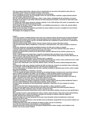 36 E veio espanto sobre todos, e falavam entre si, perguntando uns aos outros: Que palavra é esta, pois com
autoridade e poder ordena aos espíritos imundos, e eles saem?
37 E se divulgava a sua fama por todos os lugares da circunvizinhança.
38 Ora, levantando-se Jesus, saiu da sinagoga e entrou em casa de Simão; e estando a sogra de Simão enferma
com muita febre, rogaram-lhe por ela.
39 E ele, inclinando-se para ela, repreendeu a febre, e esta a deixou. Imediatamente ela se levantou e os servia.
40 Ao pôr do sol, todos os que tinham enfermos de várias doenças lhos traziam; e ele punha as mãos sobre cada
um deles e os curava.
41 Também de muitos saíam demônios, gritando e dizendo: Tu és o Filho de Deus. Ele, porém, os repreendia, e não
os deixava falar; pois sabiam que ele era o Cristo.
42 Ao romper do dia saiu, e foi a um lugar deserto; e as multidões procuravam-no e, vindo a ele, queriam detê-lo,
para que não se ausentasse delas.
43 Ele, porém, lhes disse: É necessário que também às outras cidades eu anuncie o evangelho do reino de Deus;
porque para isso é que fui enviado.
44 E pregava nas sinagogas da Judéia.



Lucas 5
1 Certa vez, quando a multidão apertava Jesus para ouvir a palavra de Deus, ele estava junto ao lago de Genezaré;
2 e viu dois barcos junto à praia do lago; mas os pescadores haviam descido deles, e estavam lavando as redes.
3 Entrando ele num dos barcos, que era o de Simão, pediu-lhe que o afastasse um pouco da terra; e, sentando-se,
ensinava do barco as multidões.
4 Quando acabou de falar, disse a Simão: Faze-te ao largo e lançai as vossas redes para a pesca.
5 Ao que disse Simão: Mestre, trabalhamos a noite toda, e nada apanhamos; mas, sobre tua palavra, lançarei as
redes.
6 Feito isto, apanharam uma grande quantidade de peixes, de modo que as redes se rompiam.
7 Acenaram então aos companheiros que estavam no outro barco, para virem ajudá-los. Eles, pois, vieram, e
encheram ambos os barcos, de maneira tal que quase iam a pique.
8 Vendo isso Simão Pedro, prostrou-se aos pés de Jesus, dizendo: Retira-te de mim, Senhor, porque sou um
homem pecador.
9 Pois, à vista da pesca que haviam feito, o espanto se apoderara dele e de todos os que com ele estavam,
10 bem como de Tiago e João, filhos de Zebedeu, que eram sócios de Simão. Disse Jesus a Simão: Não temas; de
agora em diante serás pescador de homens.
11 E, levando eles os barcos para a terra, deixaram tudo e o seguiram.
12 Estando ele numa das cidades, apareceu um homem cheio de lepra que, vendo a Jesus, prostrou-se com o rosto
em terra e suplicou-lhe: Senhor, se quiseres, bem podes tornar-me limpo.
13 Jesus, pois, estendendo a mão, tocou-lhe, dizendo: Quero; sê limpo. No mesmo instante desapareceu dele a
lepra.
14 Ordenou-lhe, então, que a ninguém contasse isto. Mas vai, disse ele, mostra-te ao sacerdote e faze a oferta pela
tua purificação, conforme Moisés determinou, para lhes servir de testemunho.
15 A sua fama, porém, se divulgava cada vez mais, e grandes multidões se ajuntavam para ouvi-lo e serem curadas
das suas enfermidades.
16 Mas ele se retirava para os desertos, e ali orava.
17 Um dia, quando ele estava ensinando, achavam-se ali sentados fariseus e doutores da lei, que tinham vindo de
todas as aldeias da Galiléia e da Judéia, e de Jerusalém; e o poder do Senhor estava com ele para curar.
18 E eis que uns homens, trazendo num leito um paralítico, procuravam introduzi-lo e pô-lo diante dele.
19 Mas, não achando por onde o pudessem introduzir por causa da multidão, subiram ao eirado e, por entre as
telhas, o baixaram com o leito, para o meio de todos, diante de Jesus.
20 E vendo-lhes a fé, disse ele: Homem, são-te perdoados os teus pecados.
21 Então os escribas e os fariseus começaram a arrazoar, dizendo: Quem é este que profere blasfêmias? Quem é
este que profere blasfêmias? Quem pode perdoar pecados, senão só Deus?
22 Jesus, porém, percebendo os seus pensamentos, respondeu, e disse-lhes: Por que arrazoais em vossos
corações?
23 Qual é mais fácil? dizer: São-te perdoados os teus pecados; ou dizer: Levanta-te, e anda?
24 Ora, para que saibais que o Filho do homem tem sobre a terra autoridade para perdoar pecados (disse ao
paralítico), a ti te digo: Levanta-te, toma o teu leito e vai para tua casa.
25 Imediatamente se levantou diante deles, tomou o leito em que estivera deitado e foi para sua casa, glorificando a
Deus.
26 E, tomados de pasmo, todos glorificavam a Deus; e diziam, cheios de temor: Hoje vimos coisas extraordinárias.
27 Depois disso saiu e, vendo um publicano chamado Levi, sentado na coletoria, disse-lhe: Segue-me.
28 Este, deixando tudo, levantou-se e o seguiu.
29 Deu-lhe então Levi um lauto banquete em sua casa; havia ali grande número de publicanos e outros que
estavam com eles à mesa.
30 Murmuravam, pois, os fariseus e seus escribas contra os discípulos, perguntando: Por que comeis e bebeis com
publicanos e pecadores?
31 Respondeu-lhes Jesus: Não necessitam de médico os sãos, mas sim os enfermos;
32 eu não vim chamar justos, mas pecadores, ao arrependimento.
33 Disseram-lhe eles: Os discípulos de João jejuam freqüentemente e fazem orações, como também os dos
fariseus, mas os teus comem e bebem.
 
