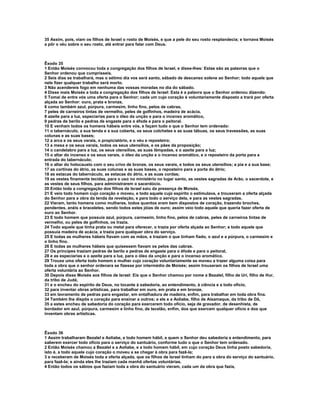 35 Assim, pois, viam os filhos de Israel o rosto de Moisés, e que a pele do seu rosto resplandecia; e tornava Moisés
a pôr o véu sobre o seu rosto, até entrar para falar com Deus.



Êxodo 35
1 Então Moisés convocou toda a congregação dos filhos de Israel, e disse-lhes: Estas são as palavras que o
Senhor ordenou que cumprísseis.
2 Seis dias se trabalhará, mas o sétimo dia vos será santo, sábado de descanso solene ao Senhor; todo aquele que
nele fizer qualquer trabalho será morto.
3 Não acendereis fogo em nenhuma das vossas moradas no dia do sábado.
4 Disse mais Moisés a toda a congregação dos filhos de Israel: Esta é a palavra que o Senhor ordenou dizendo:
5 Tomai de entre vós uma oferta para o Senhor; cada um cujo coração é voluntariamente disposto a trará por oferta
alçada ao Senhor: ouro, prata e bronze,
6 como também azul, púrpura, carmesim, linho fino, pelos de cabras,
7 peles de carneiros tintas de vermelho, peles de golfinhos, madeira de acácia,
8 azeite para a luz, especiarias para o óleo da unção e para o incenso aromático,
9 pedras de berilo e pedras de engaste para o éfode e para o peitoral.
10 E venham todos os homens hábeis entre vós, e façam tudo o que o Senhor tem ordenado:
11 o tabernáculo, a sua tenda e a sua coberta, os seus colchetes e as suas tábuas, os seus travessões, as suas
colunas e as suas bases;
12 a arca e os seus varais, o propiciatório, e o véu e reposteiro;
13 a mesa e os seus varais, todos os seus utensílios, e os pães da proposição;
14 o candelabro para a luz, os seus utensílios, as suas lâmpadas, e o azeite para a luz;
15 o altar do incenso e os seus varais, o óleo da unção e o incenso aromático, e o reposteiro da porta para a
entrada do tabernáculo;
16 o altar do holocausto com o seu crivo de bronze, os seus varais, e todos os seus utensílios; a pia e a sua base;
17 as cortinas do átrio, as suas colunas e as suas bases, o reposteiro para a porta do átrio;
18 as estacas do tabernáculo, as estacas do átrio, e as suas cordas;
19 as vestes finamente tecidas, para o uso no ministério no lugar santo, as vestes sagradas de Arão, o sacerdote, e
as vestes de seus filhos, para administrarem o sacerdócio.
20 Então toda a congregação dos filhos de Israel saiu da presença de Moisés.
21 E veio todo homem cujo coração o moveu, e todo aquele cujo espírito o estimulava, e trouxeram a oferta alçada
do Senhor para a obra da tenda da revelação, e para todo o serviço dela, e para as vestes sagradas.
22 Vieram, tanto homens como mulheres, todos quantos eram bem dispostos de coração, trazendo broches,
pendentes, anéis e braceletes, sendo todos estes jóias de ouro; assim veio todo aquele que queria fazer oferta de
ouro ao Senhor.
23 E todo homem que possuía azul, púrpura, carmesim, linho fino, pelos de cabras, peles de carneiros tintas de
vermelho, ou peles de golfinhos, os trazia.
24 Todo aquele que tinha prata ou metal para oferecer, o trazia por oferta alçada ao Senhor; e todo aquele que
possuía madeira de acácia, a trazia para qualquer obra do serviço.
25 E todas as mulheres hábeis fiavam com as mãos, e traziam o que tinham fiado, o azul e a púrpura, o carmesim e
o linho fino.
26 E todas as mulheres hábeis que quisessem fiavam os pelos das cabras.
27 Os príncipes traziam pedras de berilo e pedras de engaste para o éfode e para o peitoral,
28 e as especiarias e o azeite para a luz, para o óleo da unção e para o incenso aromático.
29 Trouxe uma oferta todo homem e mulher cujo coração voluntariamente se moveu a trazer alguma coisa para
toda a obra que o senhor ordenara se fizesse por intermédio de Moisés; assim trouxeram os filhos de Israel uma
oferta voluntária ao Senhor.
30 Depois disse Moisés aos filhos de Israel: Eis que o Senhor chamou por nome a Bezalel, filho de Uri, filho de Hur,
da tribo de Judá,
31 e o encheu do espírito de Deus, no tocante à sabedoria, ao entendimento, à ciência e a todo ofício,
32 para inventar obras artísticas, para trabalhar em ouro, em prata e em bronze,
33 em lavramento de pedras para engastar, em entalhadura de madeira, enfim, para trabalhar em toda obra fina.
34 Também lhe dispôs o coração para ensinar a outros; a ele e a Aoliabe, filho de Aisamaque, da tribo de Dã,
35 a estes encheu de sabedoria do coração para exercerem todo ofício, seja de gravador, de desenhista, de
bordador em azul, púrpura, carmesim e linho fino, de tecelão, enfim, dos que exercem qualquer ofício e dos que
inventam obras artísticas.



Êxodo 36
1 Assim trabalharam Bezalel e Aoliabe, e todo homem hábil, a quem o Senhor deu sabedoria e entendimento, para
saberem exercer todo ofício para o serviço do santuário, conforme tudo o que o Senhor tem ordenado.
2 Então Moisés chamou a Bezalel e a Aoliabe, e a todo homem hábil, em cujo coração Deus tinha posto sabedoria,
isto é, a todo aquele cujo coração o moveu a se chegar à obra para fazê-la;
3 e receberam de Moisés toda a oferta alçada, que os filhos de Israel tinham do para a obra do serviço do santuário,
para fazê-la; e ainda eles lhe traziam cada manhã ofertas voluntárias.
4 Então todos os sábios que faziam toda a obra do santuário vieram, cada um da obra que fazia,
 