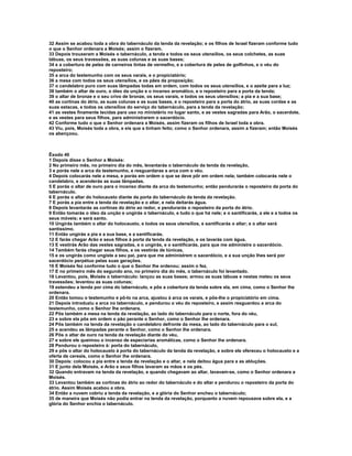 32 Assim se acabou toda a obra do tabernáculo da tenda da revelação; e os filhos de Israel fizeram conforme tudo
o que o Senhor ordenara a Moisés; assim o fizeram.
33 Depois trouxeram a Moisés o tabernáculo, a tenda e todos os seus utensílios, os seus colchetes, as suas
tábuas, os seus travessões, as suas colunas e as suas bases;
34 e a cobertura de peles de carneiros tintas de vermelho, e a cobertura de peles de golfinhos, e o véu do
reposteiro;
35 a arca do testemunho com os seus varais, e o propiciatório;
36 a mesa com todos os seus utensílios, e os pães da proposição;
37 o candelabro puro com suas lâmpadas todas em ordem, com todos os seus utensílios, e o azeite para a luz;
38 também o altar de ouro, o óleo da unção e o incenso aromático, e o reposteiro para a porta da tenda;
39 o altar de bronze e o seu crivo de bronze, os seus varais, e todos os seus utensílios; a pia e a sua base;
40 as cortinas do átrio, as suas colunas e as suas bases, e o reposteiro para a porta do átrio, as suas cordas e as
suas estacas, e todos os utensílios do serviço do tabernáculo, para a tenda da revelação;
41 as vestes finamente tecidas para uso no ministério no lugar santo, e as vestes sagradas para Arão, o sacerdote,
e as vestes para seus filhos, para administrarem o sacerdócio.
42 Conforme tudo o que o Senhor ordenara a Moisés, assim fizeram os filhos de Israel toda a obra.
43 Viu, pois, Moisés toda a obra, e eis que a tinham feito; como o Senhor ordenara, assim a fizeram; então Moisés
os abençoou.



Êxodo 40
1 Depois disse o Senhor a Moisés:
2 No primeiro mês, no primeiro dia do mês, levantarás o tabernáculo da tenda da revelação,
3 e porás nele a arca do testemunho, e resguardaras a arca com o véu.
4 Depois colocarás nele a mesa, e porás em ordem o que se deve pôr em ordem nela; também colocarás nele o
candelabro, e acenderás as suas lâmpadas.
5 E porás o altar de ouro para o incenso diante da arca do testemunho; então pendurarás o reposteiro da porta do
tabernáculo.
6 E porás o altar do holocausto diante da porta do tabernáculo da tenda da revelação.
7 E porás a pia entre a tenda da revelação e o altar, e nela deitarás água.
8 Depois levantarás as cortinas do átrio ao redor, e pendurarás o reposteiro da porta do átrio.
9 Então tomarás o óleo da unção e ungirás o tabernáculo, e tudo o que há nele; e o santificarás, a ele e a todos os
seus móveis; e será santo.
10 Ungirás também o altar do holocausto, e todos os seus utensílios, e santificarás o altar; e o altar será
santíssimo.
11 Então ungirás a pia e a sua base, e a santificarás.
12 E farás chegar Arão e seus filhos à porta da tenda da revelação, e os lavarás com água.
13 E vestirás Arão das vestes sagradas, e o ungirás, e o santificarás, para que me administre o sacerdócio.
14 Também farás chegar seus filhos, e os vestirás de túnicas,
15 e os ungirás como ungiste a seu pai, para que me administrem o sacerdócio, e a sua unção lhes será por
sacerdócio perpétuo pelas suas gerações.
16 E Moisés fez conforme tudo o que o Senhor lhe ordenou; assim o fez.
17 E no primeiro mês do segundo ano, no primeiro dia do mês, o tabernáculo foi levantado.
18 Levantou, pois, Moisés o tabernáculo: lançou as suas bases; armou as suas tábuas e nestas meteu os seus
travessões; levantou as suas colunas;
19 estendeu a tenda por cima do tabernáculo, e pôs a cobertura da tenda sobre ela, em cima, como o Senhor lhe
ordenara.
20 Então tomou o testemunho e pô-lo na arca, ajustou à arca os varais, e pôs-lhe o propiciatório em cima.
21 Depois introduziu a arca no tabernáculo, e pendurou o véu do reposteiro, e assim resguardou a arca do
testemunho, como o Senhor lhe ordenara.
22 Pôs também a mesa na tenda da revelação, ao lado do tabernáculo para o norte, fora do véu,
23 e sobre ela pôs em ordem o pão perante o Senhor, como o Senhor lhe ordenara.
24 Pôs também na tenda da revelação o candelabro defronte da mesa, ao lado do tabernáculo para o sul,
25 e acendeu as lâmpadas perante o Senhor, como o Senhor lhe ordenara.
26 Pôs o altar de ouro na tenda da revelação diante do véu,
27 e sobre ele queimou o incenso de especiarias aromáticas, como o Senhor lhe ordenara.
28 Pendurou o reposteiro à: porta do tabernáculo,
29 e pôs o altar do holocausto à porta do tabernáculo da tenda da revelação, e sobre ele ofereceu o holocausto e a
oferta de cereais, como o Senhor lhe ordenara.
30 Depois: colocou a pia entre a tenda da revelação e o altar, e nela deitou água para a as abluções.
31 E junto dela Moisés, e Arão e seus filhos lavaram as mãos e os pés.
32 Quando entravam na tenda da revelação, e quando chegavam ao altar, lavavam-se, como o Senhor ordenara a
Moisés.
33 Levantou também as cortinas do átrio ao redor do tabernáculo e do altar e pendurou o reposteiro da porta do
átrio. Assim Moisés acabou a obra.
34 Então a nuvem cobriu a tenda da revelação, e a glória do Senhor encheu o tabernáculo;
35 de maneira que Moisés não podia entrar na tenda da revelação, porquanto a nuvem repousava sobre ela, e a
glória do Senhor enchia o tabernáculo.
 