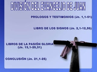 DIVISIÓN DEL EVANGELIO DE JUAN PROLOGOS Y TESTIMONIOS (Jn. 1,1-51) LIBRO DE LOS SIGNOS (Jn. 2,1-12,50) LIBROS DE LA PASIÓN GLORIA (Jn. 13,1-20,31) CONCLUSIÓN (Jn. 21,1-25) 