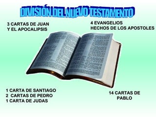 4 EVANGELIOS HECHOS DE LOS APOSTOLES 14 CARTAS DE PABLO 1 CARTA DE SANTIAGO 2  CARTAS DE PEDRO 1 CARTA DE JUDAS 3 CARTAS DE JUAN Y EL APOCALIPSIS DIVISIÓN DEL NUEVO TESTAMENTO 