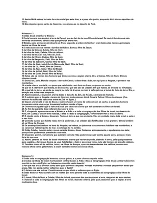 15 Assim Miriã esteve fechada fora do arraial por sete dias; e o povo não partiu, enquanto Miriã não se recolheu de
novo.
16 Mas depois o povo partiu de Hazerote, e acampou-se no deserto de Parã.



Números 13
1 Então disse o Senhor a Moisés:
2 Envia homens que espiem a terra de Canaã, que eu hei de dar aos filhos de Israel. De cada tribo de seus pais
enviarás um homem, sendo cada qual príncipe entre eles.
3 Moisés, pois, enviou-os do deserto de Parã, segundo a ordem do Senhor; eram todos eles homens principais
dentre os filhos de Israel.
4 E estes são os seus nomes: da tribo de Rúben, Samua, filho de Zacur;
5 da tribo de Simeão, Safate, filho de Hori;
6 da tribo de Judá, Calebe, filho de Jefoné;
7 da tribo de Issacar, Ioal, filho de José;
8 da tribo de Efraim, Oséias, filho de Num;
9 da tribo de Benjamim, Palti, filho de Rafu;
10 da tribo de Zebulom, Gadiel, filho de Sódi;
11 da tribo de José, pela tribo de Manassés, Gadi, filho de Susi;
12 da tribo de Dã, Amiel, filho de Gemali;
13 da tribo de Aser, Setur, filho de Micael;
14 da tribo de Naftali, Nabi, filho de Vofsi;
15 da tribo de Gade, Geuel, filho de Maqui.
16 Estes são os nomes dos homens que Moisés enviou a espiar a terra. Ora, a Oséias, filho de Num, Moisés
chamou Josué.
17 Enviou-os, pois, Moisés a espiar: a terra de Canaã, e disse-lhes: Subi por aqui para o Negebe, e penetrai nas
montanhas;
18 e vede a terra, que tal é; e o povo que nela habita, se é forte ou fraco, se pouco ou muito;
19 que tal é a terra em que habita, se boa ou má; que tais são as cidades em que habita, se arraiais ou fortalezas;
20 e que tal é a terra, se gorda ou magra; se nela há árvores, ou não; e esforçai-vos, e tomai do fruto da terra. Ora, a
estação era a das uvas temporãs.
21 Assim subiram, e espiaram a terra desde o deserto de Zim, até Reobe, à entrada de Hamate.
22 E subindo para o Negebe, vieram até Hebrom, onde estavam Aimã, Sesai e Talmai, filhos de Anaque. (Ora,
Hebrom foi edificada sete anos antes de Zoã no Egito. )
23 Depois vieram até e vale de Escol, e dali cortaram um ramo de vide com um só cacho, o qual dois homens
trouxeram sobre uma verga; trouxeram também romãs e figos.
24 Chamou-se aquele lugar o vale de Escol, por causa do cacho que dali cortaram os filhos de Israel.
25 Ao fim de quarenta dias voltaram de espiar a terra.
26 E, chegando, apresentaram-se a Moisés e a Arão, e a toda a congregação dos filhos de Israel, no deserto de
Parã, em Cades; e deram-lhes notícias, a eles e a toda a congregação, e mostraram-lhes o fruto da terra.
27 E, dando conta a Moisés, disseram: Fomos à terra a que nos enviaste. Ela, em verdade, mana leite e mel; e este é
o seu fruto.
28 Contudo o povo que habita nessa terra é poderoso, e as cidades são fortificadas e mui grandes. Vimos também
ali os filhos de Anaque.
29 Os amalequitas habitam na terra do Negebe; os heteus, os jebuseus e os amorreus habitam nas montanhas; e
os cananeus habitam junto do mar, e ao longo do rio Jordão.
30 Então Calebe, fazendo calar o povo perante Moisés, disse: Subamos animosamente, e apoderemo-nos dela;
porque bem poderemos prevalecer contra ela.
31 Disseram, porém, os homens que subiram com ele: Não poderemos subir contra aquele povo, porque é mais
forte do que nos.
32 Assim, perante os filhos de Israel infamaram a terra que haviam espiado, dizendo: A terra, pela qual passamos
para espiá-la, é terra que devora os seus habitantes; e todo o povo que vimos nela são homens de grande estatura.
33 Também vimos ali os nefilins, isto é, os filhos de Anaque, que são descendentes dos nefilins; éramos aos
nossos olhos como gafanhotos; e assim também éramos aos seus olhos.



Números 14
1 Então toda a congregação levantou a voz e gritou; e o povo chorou naquela noite.
2 E todos os filhos de Israel murmuraram contra Moisés e Arão; e toda a congregação lhes disse: Antes tivéssemos
morrido na terra do Egito, ou tivéssemos morrido neste deserto!
3 Por que nos traz o Senhor a esta terra para cairmos à espada? Nossas mulheres e nossos pequeninos serão por
presa. Não nos seria melhor voltarmos para o Egito?
4 E diziam uns aos outros: Constituamos um por chefe o voltemos para o Egito.
5 Então Moisés e Arão caíram com os rostos por terra perante toda a assembléia da congregação dos filhos de
Israel.
6 E Josué, filho de Num, e Calebe, filho de Jefoné, que eram dos que espiaram a terra, rasgaram as suas vestes;
7 e falaram a toda a congregação dos filhos de Israel, dizendo: A terra, pela qual passamos para a espiar, é terra
muitíssimo boa.
 