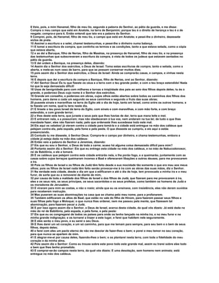 8 Veio, pois, a mim Hanamel, filho de meu tio, segundo a palavra do Senhor, ao pátio da guarda, e me disse:
Compra o meu campo que está em Anatote, na terra de Benjamim; porque teu é o direito de herança e teu é o de
resgate; compra-o para ti. Então entendi que isto era a palavra do Senhor.
9 Comprei, pois, de Hanamel, filho de meu tio, o campo que está em Anatote; e pesei-lhe o dinheiro, dezessete
siclos de prata.
10 Assinei a escritura e a selei, chamei testemunhas, e pesei-lhe o dinheiro numa balança.
11 E tomei a escritura da compra, que continha os termos e as condições, tanto a que estava selada, como a cópia
que estava aberta,
12 e as dei a Baruque, filho de Nerias, filho de Maséias, na presença de Hanamel, filho de meu tio, e na presença
das testemunhas que subscreveram a escritura da compra, à vista de todos os judeus que estavam sentados no
pátio da guarda.
13 E dei ordem a Banique, na presença deles, dizendo:
14 Assim diz o Senhor dos exércitos, o Deus de Israel: Toma estas escrituras de compra, tanto a selada, como a
aberta, e mete-as num vaso de barro, para que se possam conservar muitos dias;
15 pois assim diz o Senhor dos exércitos, o Deus de Israel: Ainda se comprarão casas, e campos, e vinhas nesta
terra.
16 E depois que dei a escritura da compra a Banique, filho de Nerias, orei ao Senhor, dizendo:
17 Ah! Senhor Deus! És tu que fizeste os céus e a terra com o teu grande poder, e com o teu braço estendido! Nada
há que te seja demasiado difícil!
18 Usas de benignidade para com milhares e tornas a iniqüidade dos pais ao seio dos filhos depois deles; tu és o
grande, o poderoso Deus cujo nome é o Senhor dos exércitos.
19 Grande em conselho, e poderoso em obras, cujos olhos estão abertos sobre todos os caminhos dos filhos dos
homens, para dares a cada um segundo os seus caminhos e segundo o fruto das suas obras;
20 puseste sinais e maravilhas na terra do Egito até o dia de hoje, tanto em Israel, como entre os outros homens; e
te fizeste um nome, qual tu tens neste dia.
21 E tiraste o teu povo Israel da terra do Egito, com sinais e com maravilhas, e com mão forte, e com braço
estendido, e com grande terror;
22 e lhes deste esta terra, que juraste a seus pais que lhes havias de dar, terra que mana leite e mel.
23 E entraram nela, e a possuíram; mas não obedeceram à tua voz, nem andaram na tua lei; de tudo o que lhes
mandaste fazer, eles não fizeram nada; pelo que ordenaste lhes sucedesse todo este mal.
24 Eis aqui os valados! já vieram contra a cidade para tomá-la e a cidade está entregue na mão dos caldeus que
pelejam contra ela, pela espada, pela fome e pela peste. O que disseste se cumpriu, e eis aqui o estás
presenciando.
25 Contudo tu me disseste, ó Senhor Deus: Compra-te o campo por dinheiro, e chama testemunhas, embora a
cidade já esteja dada na mão dos caldeus:
26 Então veio a palavra do Senhor a Jeremias, dizendo:
27 Eis que eu sou o Senhor, o Deus de toda a carne; acaso há alguma coisa demasiado difícil para mim?
28 Portanto assim diz o Senhor: Eis que eu entrego esta cidade na mão dos caldeus, e na mão de Nabucodonosor,
rei de Babilônia, e ele a tomará.
29 E os caldeus que pelejam contra esta cidade entrarão nela, e lhe porão fogo, e a queimarão, juntamente com as
casas sobre cujos terraços queimaram incenso a Baal e ofereceram libações a outros deuses, para me provocarem
a ira.
30 Pois os filhos de Israel e os filhos de Judá têm feito desde a sua mocidade tão somente o que era mau aos meus
olhos; pois os filhos de Israel nada têm feito senão provocar-me à ira com as obras das suas mãos, diz o Senhor.
31 Na verdade esta cidade, desde o dia em que a edificaram e até o dia de hoje, tem provocado a minha ira e o meu
furor, de sorte que eu a removerei de diante de mim,
32 por causa de toda a maldade dos filhos de Israel e dos filhos de Judá, que fizeram para me provocarem à ira,
eles e os seus reis, os seus príncipes, os seus sacerdotes e os seus profetas, como também os homens de Judá e
os moradores de Jerusalém.
33 E viraram para mim as costas, e não o rosto; ainda que eu os ensinava, com insistência, eles não deram ouvidos
para receberem instrução.
34 Mas puseram as suas abominações na casa que se chama pelo meu nome, para a profanarem.
35 Também edificaram os altos de Baal, que estão no vale do filho de Hinom, para fazerem passar seus filhos e
suas filhas pelo fogo a Moloque; o que nunca lhes ordenei, nem me passou pela mente, que fizessem tal
abominação, para fazerem pecar a Judá.
36 E por isso agora assim diz o Senhor, o Deus de Israel, acerca desta cidade, da qual vós dizeis: Já está dada na
mão do rei de Babilônia, pela espada, e pela fome, e pela peste:
37 Eis que eu os congregarei de todos os países para onde os tenho lançado na minha ira, e no meu furor e na
minha grande indignação; e os tornarei a trazer a este lugar, e farei que habitem nele seguramente.
38 E eles serão o meu povo, e eu serei o seu Deus.
39 E lhes darei um só coração, e um só caminho, para que me temam para sempre, para seu bem e o bem de seus
filhos, depois deles;
40 e farei com eles um pacto eterno de não me desviar de fazer-lhes o bem; e porei o meu temor no seu coração,
para que nunca se apartem de mim.
41 E alegrar-me-ei por causa deles, fazendo-lhes o bem; e os plantarei nesta terra, com toda a fidelidade do meu
coração e da minha alma.
42 Pois assim diz o Senhor: Como eu trouxe sobre este povo todo este grande mal, assim eu trarei sobre eles todo
o bem que lhes tenho prometido.
43 E comprar-se-ão campos nesta terra, da qual vós dizeis: E uma desolação, sem homens nem animais; está
entregue na mão dos caldeus.
 