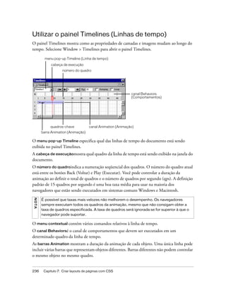 236 Capítulo 7: Criar layouts de páginas com CSS
Utilizar o painel Timelines (Linhas de tempo)
O painel Timelines mostra como as propriedades de camadas e imagens mudam ao longo do
tempo. Selecione Window > Timelines para abrir o painel Timelines.
O menu pop-up Timeline especifica qual das linhas de tempo do documento está sendo
exibida no painel Timelines.
A cabeça de execuçãomostra qual quadro da linha de tempo está sendo exibido na janela do
documento.
O número do quadroindica a numeração seqüencial dos quadros. O número do quadro atual
está entre os botões Back (Voltar) e Play (Executar). Você pode controlar a duração da
animação ao definir o total de quadros e o número de quadros por segundo (qps). A definição
padrão de 15 quadros por segundo é uma boa taxa média para usar na maioria dos
navegadores que estão sendo executados em sistemas comuns Windows e Macintosh.
O menu contextual contém vários comandos relativos à linha de tempo.
O canal Behaviorsé o canal de comportamentos que devem ser executados em um
determinado quadro da linha de tempo.
As barras Animation mostram a duração da animação de cada objeto. Uma única linha pode
incluir várias barras que representam objetos diferentes. Barras diferentes não podem controlar
o mesmo objeto no mesmo quadro.
NOTA
É possível que taxas mais velozes não melhorem o desempenho. Os navegadores
sempre executam todos os quadros da animação, mesmo que não consigam obter a
taxa de quadros especificada. A taxa de quadros será ignorada se for superior à que o
navegador pode suportar.
quadros-chave
canal Behaviors
(Comportamentos)
menu pop-up Timeline (Linha de tempo)
canal Animation (Animação)
barra Animation (Animação)
cabeça de execução
número do quadro
 