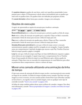 Animar camadas 237
Os quadros-chavesão quadros de uma barra, onde você especificou propriedades (como
posição) para o objeto. O Dreamweaver calcula valores intermediários para os quadros que
estão entre os quadros-chave. Os quadros-chave são indicados por pequenos círculos.
Os canais Animation exibem barras para camadas e imagens com animações.
Opções de execução
A seguir, são apresentadas as opções de execução para visualizar a animação.
Rewind (Rebobinar)move a cabeça de execução para o primeiro quadro na linha de tempo.
Back move a cabeça de execução um quadro para a esquerda. Clique em Back e mantenha
pressionado o botão do mouse para executar a linha de tempo para trás.
Play move a cabeça de execução um quadro para a direita. Clique em Play e mantenha
pressionado o botão do mouse para executar a linha de tempo para frente.
Autoplay (Execução automática) faz com que a linha de tempo comece a execução
automaticamente quando a página atual for carregada em um navegador. A opção Autoplay
anexa um comportamento à tag body da página que executa a ação Play Timeline (Executar
linha de tempo) quando a página é carregada.
Loop faz com que a linha de tempo atual fique em loop indefinidamente enquanto a página
estiver aberta em um navegador. A opção Loop insere o comportamento Go to Timeline
Frame (Ir para quadro da linha de tempo) no canal Behaviors após o último quadro da
animação. Clique duas vezes no marcador do comportamento no canal Behaviors para editar
os parâmetros desse comportamento e alterar o número de loops.
Mover uma camada utilizando uma animação da linha
de tempo
O tipo mais comum de animação da linha de tempo envolve a movimentação de uma camada
ao longo de um caminho. As linhas de tempo só podem mover camadas. Para fazer com que
imagens ou texto se movam, crie uma camada usando o botão Draw Layer (Desenhar camada)
na barra Insert e, em seguida, insira na camada imagens, texto ou qualquer outro tipo de
conteúdo (consulte “Inserir uma camada” na página 222).
As linhas de tempo também podem alterar outros atributos de camadas e imagens. Para obter
mais informações, consulte “Alterar propriedades de imagens e camadas com linhas de tempo”
na página 240.
 