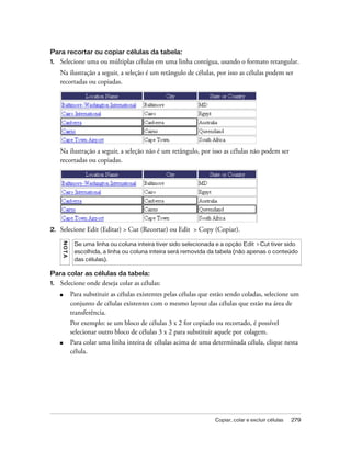 Copiar, colar e excluir células 279
Para recortar ou copiar células da tabela:
1. Selecione uma ou múltiplas células em uma linha contígua, usando o formato retangular.
Na ilustração a seguir, a seleção é um retângulo de células, por isso as células podem ser
recortadas ou copiadas.
Na ilustração a seguir, a seleção não é um retângulo, por isso as células não podem ser
recortadas ou copiadas.
2. Selecione Edit (Editar) > Cut (Recortar) ou Edit > Copy (Copiar).
Para colar as células da tabela:
1. Selecione onde deseja colar as células:
■ Para substituir as células existentes pelas células que estão sendo coladas, selecione um
conjunto de células existentes com o mesmo layout das células que estão na área de
transferência.
Por exemplo: se um bloco de células 3 x 2 for copiado ou recortado, é possível
selecionar outro bloco de células 3 x 2 para substituir aquele por colagem.
■ Para colar uma linha inteira de células acima de uma determinada célula, clique nesta
célula.
NOTA
Se uma linha ou coluna inteira tiver sido selecionada e a opção Edit > Cut tiver sido
escolhida, a linha ou coluna inteira será removida da tabela (não apenas o conteúdo
das células).
 