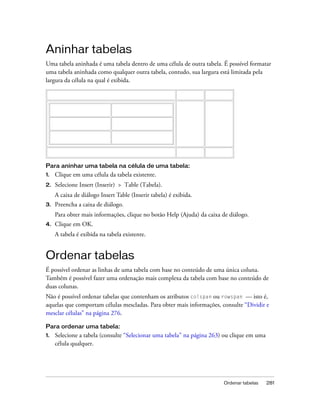 Ordenar tabelas 281
Aninhar tabelas
Uma tabela aninhada é uma tabela dentro de uma célula de outra tabela. É possível formatar
uma tabela aninhada como qualquer outra tabela, contudo, sua largura está limitada pela
largura da célula na qual é exibida.
Para aninhar uma tabela na célula de uma tabela:
1. Clique em uma célula da tabela existente.
2. Selecione Insert (Inserir) > Table (Tabela).
A caixa de diálogo Insert Table (Inserir tabela) é exibida.
3. Preencha a caixa de diálogo.
Para obter mais informações, clique no botão Help (Ajuda) da caixa de diálogo.
4. Clique em OK.
A tabela é exibida na tabela existente.
Ordenar tabelas
É possível ordenar as linhas de uma tabela com base no conteúdo de uma única coluna.
Também é possível fazer uma ordenação mais complexa da tabela com base no conteúdo de
duas colunas.
Não é possível ordenar tabelas que contenham os atributos colspan ou rowspan — isto é,
aquelas que comportam células mescladas. Para obter mais informações, consulte “Dividir e
mesclar células” na página 276.
Para ordenar uma tabela:
1. Selecione a tabela (consulte “Selecionar uma tabela” na página 263) ou clique em uma
célula qualquer.
 