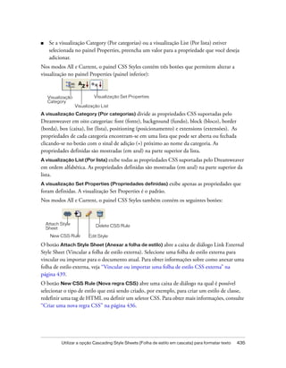 Utilizar a opção Cascading Style Sheets (Folha de estilo em cascata) para formatar texto 435
■ Se a visualização Category (Por categorias) ou a visualização List (Por lista) estiver
selecionada no painel Properties, preencha um valor para a propriedade que você deseja
adicionar.
Nos modos All e Current, o painel CSS Styles contém três botões que permitem alterar a
visualização no painel Properties (painel inferior):
A visualização Category (Por categorias) divide as propriedades CSS suportadas pelo
Dreamweaver em oito categorias: font (fonte), background (fundo), block (bloco), border
(borda), box (caixa), list (lista), positioning (posicionamento) e extensions (extensões). As
propriedades de cada categoria encontram-se em uma lista que pode ser aberta ou fechada
clicando-se no botão com o sinal de adição (+) próximo ao nome da categoria. As
propriedades definidas são mostradas (em azul) na parte superior da lista.
A visualização List (Por lista) exibe todas as propriedades CSS suportadas pelo Dreamweaver
em ordem alfabética. As propriedades definidas são mostradas (em azul) na parte superior da
lista.
A visualização Set Properties (Propriedades definidas) exibe apenas as propriedades que
foram definidas. A visualização Set Properties é o padrão.
Nos modos All e Current, o painel CSS Styles também contém os seguintes botões:
O botão Attach Style Sheet (Anexar a folha de estilo) abre a caixa de diálogo Link External
Style Sheet (Vincular a folha de estilo externa). Selecione uma folha de estilo externa para
vincular ou importar para o documento atual. Para obter informações sobre como anexar uma
folha de estilo externa, veja “Vincular ou importar uma folha de estilo CSS externa” na
página 439.
O botão New CSS Rule (Nova regra CSS) abre uma caixa de diálogo na qual é possível
selecionar o tipo de estilo que está sendo criado, por exemplo, para criar um estilo de classe,
redefinir uma tag de HTML ou definir um seletor CSS. Para obter mais informações, consulte
“Criar uma nova regra CSS” na página 436.
Visualização
Category
Visualização Set Properties
Visualização List
New CSS Rule
Attach Style
Sheet
Edit Style
Delete CSS Rule
 