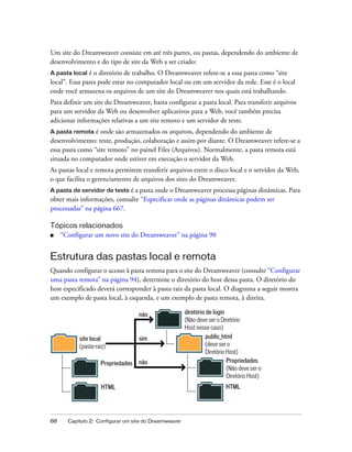 88 Capítulo 2: Configurar um site do Dreamweaver
Um site do Dreamweaver consiste em até três partes, ou pastas, dependendo do ambiente de
desenvolvimento e do tipo de site da Web a ser criado:
A pasta local é o diretório de trabalho. O Dreamweaver refere-se a essa pasta como “site
local”. Essa pasta pode estar no computador local ou em um servidor da rede. Esse é o local
onde você armazena os arquivos de um site do Dreamweaver nos quais está trabalhando.
Para definir um site do Dreamweaver, basta configurar a pasta local. Para transferir arquivos
para um servidor da Web ou desenvolver aplicativos para a Web, você também precisa
adicionar informações relativas a um site remoto e um servidor de teste.
A pasta remota é onde são armazenados os arquivos, dependendo do ambiente de
desenvolvimento: teste, produção, colaboração e assim por diante. O Dreamweaver refere-se a
essa pasta como “site remoto” no painel Files (Arquivos). Normalmente, a pasta remota está
situada no computador onde estiver em execução o servidor da Web.
As pastas local e remota permitem transferir arquivos entre o disco local e o servidor da Web,
o que facilita o gerenciamento de arquivos dos sites do Dreamweaver.
A pasta de servidor de teste é a pasta onde o Dreamweaver processa páginas dinâmicas. Para
obter mais informações, consulte “Especificar onde as páginas dinâmicas podem ser
processadas” na página 667.
Tópicos relacionados
■ “Configurar um novo site do Dreamweaver” na página 90
Estrutura das pastas local e remota
Quando configurar o acesso à pasta remota para o site do Dreamweaver (consulte “Configurar
uma pasta remota” na página 94), determine o diretório do host dessa pasta. O diretório do
host especificado deverá corresponder à pasta raiz da pasta local. O diagrama a seguir mostra
um exemplo de pasta local, à esquerda, e um exemplo de pasta remota, à direita.
site local
(pasta-raiz)
Propriedades
HTML
não
sim
não
diretório de login
(Não deve ser o Diretório
Host nesse caso)
public_html
(deve ser o
Diretório Host)
Propriedades
(Não deve ser o
Diretório Host)
HTML
 