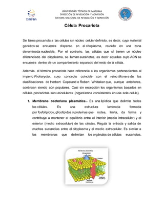 UNIVERSIDAD TÉCNICA DE MACHALA 
DIRECCIÓN DE NIVELACIÓN Y ADMISIÓN 
SISTEMA NACIONAL DE NIVELACIÓN Y ADMISIÓN 
Célula Procariota 
Se llama procariota a las células sin núcleo celular definido, es decir, cuyo material 
genético se encuentra disperso en el citoplasma, reunido en una zona 
denominada nucleoide. Por el contrario, las células que sí tienen un núcleo 
diferenciado del citoplasma, se llaman eucariotas, es decir aquellas cuyo ADN se 
encuentra dentro de un compartimiento separado del resto de la célula. 
Además, el término procariota hace referencia a los organismos pertenecientes al 
imperio Prokaryota, cuyo concepto coincide con el reino Monera de las 
clasificaciones de Herbert Copeland o Robert Whittaker que, aunque anteriores, 
continúan siendo aún populares. Casi sin excepción los organismos basados en 
células procariotas son unicelulares (organismos consistentes en una sola célula). 
1. Membrana bacteriana plasmática.- Es una lipídica que delimita todas 
las células. Es una estructura laminada formada 
por fosfolípidos, glicolípidos y proteínas que rodea, limita, da forma y 
contribuye a mantener el equilibrio entre el interior (medio intracelular) y el 
exterior (medio extracelular) de las células. Regula la entrada y salida de 
muchas sustancias entre el citoplasma y el medio extracelular. Es similar a 
las membranas que delimitan los orgánulos de células eucariotas. 
 