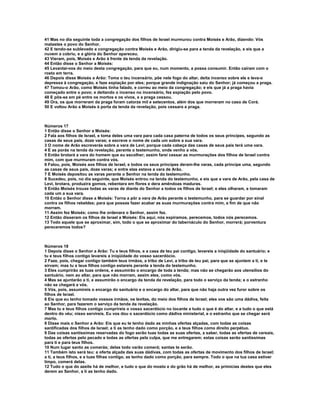 41 Mas no dia seguinte toda a congregação dos filhos de Israel murmurou contra Moisés e Arão, dizendo: Vós 
matastes o povo do Senhor. 
42 E tendo-se sublevado a congregação contra Moisés e Arão, dirigiu-se para a tenda da revelação, e eis que a 
nuvem a cobriu, e a glória do Senhor apareceu. 
43 Vieram, pois, Moisés e Arão à frente da tenda da revelação. 
44 Então disse o Senhor a Moisés: 
45 Levantai-vos do meio desta congregação, para que eu, num momento, a possa consumir. Então caíram com o 
rosto em terra. 
46 Depois disse Moisés a Arão: Toma o teu incensário, põe nele fogo do altar, deita incenso sobre ele e leva-o 
depressa à congregação, e faze expiação por eles; porque grande indignação saiu do Senhor; já começou a praga. 
47 Tomou-o Arão, como Moisés tinha falado, e correu ao meio da congregação; e eis que já a praga havia 
começado entre o povo; e deitando o incenso no incensário, fez expiação pelo povo. 
48 E pôs-se em pé entre os mortos e os vivos, e a praga cessou. 
49 Ora, os que morreram da praga foram catorze mil e setecentos, além dos que morreram no caso de Corá. 
50 E voltou Arão a Moisés à porta da tenda da revelação, pois cessara a praga. 
Números 17 
1 Então disse o Senhor a Moisés: 
2 Fala aos filhos de Israel, e toma deles uma vara para cada casa paterna de todos os seus príncipes, segundo as 
casas de seus pais, doze varas; e escreve o nome de cada um sobre a sua vara. 
3 O nome de Arão escreverás sobre a vara de Levi; porque cada cabeça das casas de seus pais terá uma vara. 
4 E as porás na tenda da revelação, perante o testemunho, onde venho a vós. 
5 Então brotará a vara do homem que eu escolher; assim farei cessar as murmurações dos filhos de Israel contra 
mim, com que murmuram contra vós. 
6 Falou, pois, Moisés aos filhos de Israel, e todos os seus príncipes deram-lhe varas, cada príncipe uma, segundo 
as casas de seus pais, doze varas; e entre elas estava a vara de Arão. 
7 E Moisés depositou as varas perante o Senhor na tenda do testemunho. 
8 Sucedeu, pois, no dia seguinte, que Moisés entrou na tenda do testemunho, e eis que a vara de Arão, pela casa de 
Levi, brotara, produzira gomos, rebentara em flores e dera amêndoas maduras. 
9 Então Moisés trouxe todas as varas de diante do Senhor a todos os filhos de Israel; e eles olharam, e tomaram 
cada um a sua vara. 
10 Então o Senhor disse a Moisés: Torna a pôr a vara de Arão perante o testemunho, para se guardar por sinal 
contra os filhos rebeldes; para que possas fazer acabar as suas murmurações contra mim, a fim de que não 
morram. 
11 Assim fez Moisés; como lhe ordenara o Senhor, assim fez. 
12 Então disseram os filhos de Israel a Moisés: Eis aqui, nós expiramos, perecemos, todos nós perecemos. 
13 Todo aquele que se aproximar, sim, todo o que se aproximar do tabernáculo do Senhor, morrerá; porventura 
pereceremos todos? 
Números 18 
1 Depois disse o Senhor a Arão: Tu e teus filhos, e a casa de teu pai contigo, levareis a iniqüidade do santuário; e 
tu e teus filhos contigo levareis a iniqüidade do vosso sacerdócio. 
2 Faze, pois, chegar contigo também teus irmãos, a tribo de Levi, a tribo de teu pai, para que se ajuntem a ti, e te 
sirvam; mas tu e teus filhos contigo estareis perante a tenda do testemunho. 
3 Eles cumprirão as tuas ordens, e assumirão o encargo de toda a tenda; mas não se chegarão aos utensílios do 
santuário, nem ao altar, para que não morram, assim eles, como vós. 
4 Mas se ajuntarão a ti, e assumirão o encargo da tenda da revelação, para todo o serviço da tenda; e o estranho 
não se chegará a vós. 
5 Vós, pois, assumireis o encargo do santuário e o encargo do altar, para que não haja outra vez furor sobre os 
filhos de Israel. 
6 Eis que eu tenho tomado vossos irmãos, os levitas, do meio dos filhos de Israel; eles vos são uma dádiva, feita 
ao Senhor, para fazerem o serviço da tenda da revelação. 
7 Mas tu e teus filhos contigo cumprireis o vosso sacerdócio no tocante a tudo o que é do altar, e a tudo o que está 
dentro do véu; nisso servireis. Eu vos dou o sacerdócio como dádiva ministerial, e o estranho que se chegar será 
morto. 
8 Disse mais o Senhor a Arão: Eis que eu te tenho dado as minhas ofertas alçadas, com todas as coisas 
santificadas dos filhos de Israel; a ti as tenho dado como porção, e a teus filhos como direito perpétuo. 
9 Das coisas santíssimas reservadas do fogo serão tuas todas as suas ofertas, a saber, todas as ofertas de cereais, 
todas as ofertas pelo pecado e todas as ofertas pela culpa, que me entregarem; estas coisas serão santíssimas 
para ti e para teus filhos. 
10 Num lugar santo as comerás; delas todo varão comerá; santas te serão. 
11 Também isto será teu: a oferta alçada das suas dádivas, com todas as ofertas de movimento dos filhos de Israel; 
a ti, a teus filhos, e a tuas filhas contigo, as tenho dado como porção, para sempre. Todo o que na tua casa estiver 
limpo, comerá delas. 
12 Tudo o que do azeite há de melhor, e tudo o que do mosto e do grão há de melhor, as primícias destes que eles 
derem ao Senhor, a ti as tenho dado. 
 