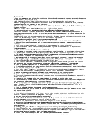 Deutronômio 1 
1 Estas são as palavras que Moisés falou a todo Israel além do Jordão, no deserto, na Arabá defronte de Sufe, entre 
Parã, Tofel, Labã, Hazerote e Di-Zaabe. 
2 São onze dias de viagem desde Horebe, pelo caminho da montanha de Seir, até Cades-Barnéia. 
3 No ano quadragésimo, no mês undécimo, no primeiro dia do mês, Moisés falou aos filhos de Israel, conforme 
tudo o que o senhor lhes mandara por seu intermédio, 
4 depois que derrotou a Siom, rei dos amorreus, que habitava em Hesbom, e a Ogue, rei de Basã, que habitava em 
Astarote, em Edrei. 
5 Além do Jordão, na terra de Moabe, Moisés se pôs a explicar esta lei, e disse: 
6 O Senhor nosso Deus nos falou em Horebe, dizendo: Assaz vos haveis demorado neste monte. 
7 Voltai-vos, ponde-vos a caminho, e ide à região montanhosa dos amorreus, e a todos os lugares vizinhos, na 
Arabá, na região montanhosa, no vale e no sul; à beira do mar, à terra dos cananeus, e ao Líbano, até o grande rio, 
o rio Eufrates. 
8 Eis que tenho posto esta terra diante de vós; entrai e possuí a terra que o Senhor prometeu com juramento dar a 
vossos pais, Abraão, Isaque, e Jacó, a eles e à sua descendência depois deles. 
9 Nesse mesmo tempo eu vos disse: Eu sozinho não posso levar-vos, 
10 o Senhor vosso Deus já vos tem multiplicado, e eis que hoje sois tão numerosos como as estrelas do céu. 
11 O Senhor Deus de vossos pais vos faça mil vezes mais numerosos do que sois; e vos abençoe, como vos 
prometeu. 
12 Como posso eu sozinho suportar o vosso peso, as vossas cargas e as vossas contendas? 
13 Tomai-vos homens sábios, entendidos e experimentados, segundo as vossas tribos, e eu os porei como 
cabeças sobre vós. 
14 Então me respondestes: bom fazermos o que disseste. 
15 Tomei, pois, os cabeças de vossas tribos, homens sábios e experimentados, e os constituí por cabeças sobre 
vós, chefes de mil, chefes de cem, chefes de cinqüenta e chefes de dez, por oficiais, segundo as vossas tribos. 
16 E no mesmo tempo ordenei a vossos juízes, dizendo: Ouvi as causas entre vossos irmãos, e julgai com justiça 
entre o homem e seu irmão, ou o estrangeiro que está com ele. 
17 Não fareis acepção de pessoas em juízo; de um mesmo modo ouvireis o pequeno e o grande; não temereis a 
face de ninguém, porque o juízo é de Deus; e a causa que vos for difícil demais, a trareis a mim, e eu a ouvirei. 
18 Assim naquele tempo vos ordenei todas as coisas que devíeis fazer. 
19 Então partimos de Horebe, e caminhamos por todo aquele grande e terrível deserto que vistes, pelo caminho 
das montanhas dos amorreus, como o Senhor nosso Deus nos ordenara; e chegamos a Cades-Barnéia. 
20 Então eu vos disse: Chegados sois às montanhas dos amorreus, que o Senhor nosso Deus nos dá. 
21 Eis aqui o Senhor teu Deus tem posto esta terra diante de ti; sobe, apodera-te dela, como te falou o Senhor Deus 
de teus pais; não temas, e não te assustes. 
22 Então todos vós vos chegastes a mim, e dissestes: Mandemos homens adiante de nós, para que nos espiem a 
terra e, de volta, nos ensinem o caminho pelo qual devemos subir, e as cidades a que devemos ir. 
23 Isto me pareceu bem; de modo que dentre vós tomei doze homens, de cada tribo um homem; 
24 foram-se eles e, subindo as montanhas, chegaram até o vale de Escol e espiaram a terra. 
25 Tomaram do fruto da terra nas mãos, e no-lo trouxeram; e nos informaram, dizendo: Boa é a terra que nos dá o 
Senhor nosso Deus. 
26 Todavia, vós não quisestes subir, mas fostes rebeldes ao mandado do Senhor nosso Deus; 
27 e murmurastes nas vossas tendas, e dissestes: Porquanto o Senhor nos odeia, tirou-nos da terra do Egito para 
nos entregar nas mãos dos amorreus, a fim de nos destruir. 
28 Para onde estamos nós subindo? nossos irmãos fizeram com que se derretesse o nosso coração, dizendo: 
Maior e mais alto é o povo do que nós; as cidades são grandes e fortificadas até o céu; e também vimos ali os 
filhos dos anaquins. 
29 Então eu vos disse: Não vos atemorizeis, e não tenhais medo deles. 
30 O Senhor vosso Deus, que vai adiante de vós, ele pelejará por vós, conforme tudo o que tem feito por vós diante 
dos vossos olhos, no Egito, 
31 como também no deserto, onde vistes como o Senhor vosso Deus vos levou, como um homem leva seu filho, 
por todo o caminho que andastes, até chegardes a este lugar. 
32 Mas nem ainda assim confiastes no Senhor vosso Deus, 
33 que ia adiante de vós no caminho, de noite no fogo e de dia na nuvem, para vos achar o lugar onde devíeis 
acampar, e para vos mostrar o caminho por onde havíeis de andar. 
34 Ouvindo, pois, o Senhor a voz das vossas palavras, indignou-se e jurou, dizendo: 
35 Nenhum dos homens desta geração perversa verá a boa terra que prometi com juramento dar a vossos pais, 
36 salvo Calebe, filho de Jefoné; ele a verá, e a terra que pisou darei a ele e a seus filhos, porquanto perseverou em 
seguir ao Senhor. 
37 Também contra mim o Senhor se indignou por vossa causa, dizendo: Igualmente tu lá não entrarás. 
38 Josué, filho de Num, que te serve, ele ali entrará; anima-o, porque ele fará que Israel a receba por herança. 
39 E vossos pequeninos, dos quais dissestes que seriam por presa, e vossos filhos que hoje não conhecem nem o 
bem nem o mal, esses lá entrarão, a eles a darei e eles a possuirão. 
40 Quanto a vós, porém, virai-vos, e parti para o deserto, pelo caminho do Mar Vermelho. 
 