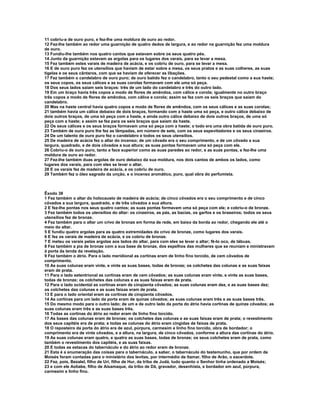 11 cobriu-a de ouro puro, e fez-lhe uma moldura de ouro ao redor. 
12 Fez-lhe também ao redor uma guarnição de quatro dedos de largura, e ao redor na guarnição fez uma moldura 
de ouro. 
13 Fundiu-lhe também nos quatro cantos que estavam sobre os seus quatro pés. 
14 Junto da guarnição estavam as argolas para os lugares dos varais, para se levar a mesa. 
15 Fez também estes varais de madeira de acácia, e os cobriu de ouro, para se levar a mesa. 
16 E de ouro puro fez os utensílios que haviam de estar sobre a mesa, os seus pratos e as suas colheres, as suas 
tigelas e os seus cântaros, com que se haviam de oferecer as libações. 
17 Fez também o candelabro de ouro puro; de ouro batido fez o candelabro, tanto o seu pedestal como a sua haste; 
os seus copos, os seus cálices e as suas corolas formavam com ele uma só peça. 
18 Dos seus lados saíam seis braços: três de um lado do candelabro e três do outro lado. 
19 Em um braço havia três copos a modo de flores de amêndoa, com cálice e corola; igualmente no outro braço 
três copos a modo de flores de amêndoa, com cálice e corola; assim se fez com os seis braços que saíam do 
candelabro. 
20 Mas na haste central havia quatro copos a modo de flores de amêndoa, com os seus cálices e as suas corolas; 
21 também havia um cálice debaixo de dois braços, formando com a haste uma só peça, e outro cálice debaixo de 
dois outros braços, de uma só peça com a haste, e ainda outro cálice debaixo de dois outros braços, de uma só 
peça com a haste; e assim se fez para os seis braços que saíam da haste. 
22 Os seus cálices e os seus braços formavam uma só peça com a haste; o todo era uma obra batida de ouro puro. 
23 Também de ouro puro lhe fez as lâmpadas, em número de sete, com os seus espevitadores e os seus cinzeiros. 
24 De um talento de ouro puro fez o candelabro e todos os seus utensílios. 
25 De madeira de acácia fez o altar do incenso; de um côvado era o seu comprimento, e de um côvado a sua 
largura, quadrado, e de dois côvados a sua altura; as suas pontas formavam uma só peça com ele. 
26 Cobriu-o de ouro puro, tanto a face superior como as suas paredes ao redor, e as suas pontas, e fez-lhe uma 
moldura de ouro ao redor. 
27 Fez-lhe também duas argolas de ouro debaixo da sua moldura, nos dois cantos de ambos os lados, como 
lugares dos varais, para com eles se levar o altar. 
28 E os varais fez de madeira de acácia, e os cobriu de ouro. 
29 Também fez o óleo sagrado da unção, e o incenso aromático, puro, qual obra do perfumista. 
Êxodo 38 
1 Fez também o altar do holocausto de madeira de acácia; de cinco côvados era o seu comprimento e de cinco 
côvados a sua largura, quadrado, e de três côvados a sua altura. 
2 E fez-lhe pontas nos seus quatro cantos; as suas pontas formavam uma só peça com ele; e cobriu-o de bronze. 
3 Fez também todos os utensílios do altar: os cinzeiros, as pás, as bacias, os garfos e os braseiros; todos os seus 
utensílios fez de bronze. 
4 Fez também para o altar um crivo de bronze em forma de rede, em baixo da borda ao redor, chegando ele até o 
meio do altar. 
5 E fundiu quatro argolas para as quatro extremidades do crivo de bronze, como lugares dos varais. 
6 E fez os varais de madeira de acácia, e os cobriu de bronze. 
7 E meteu os varais pelas argolas aos lados do altar, para com eles se levar o altar; fê-lo oco, de tábuas. 
8 Fez também a pia de bronze com a sua base de bronze, dos espelhos das mulheres que se reuniam e ministravam 
à porta da tenda da revelação. 
9 Fez também o átrio. Para o lado meridional as cortinas eram de linho fino torcido, de cem côvados de 
comprimento. 
10 As suas colunas eram vinte, e vinte as suas bases, todas de bronze; os colchetes das colunas e as suas faixas 
eram de prata. 
11 Para o lado setentrional as cortinas eram de cem côvados; as suas colunas eram vinte, e vinte as suas bases, 
todas de bronze; os colchetes das colunas e as suas faixas eram de prata. 
12 Para o lado ocidental as cortinas eram de cinqüenta côvados; as suas colunas eram dez, e as suas bases dez; 
os colchetes das colunas e as suas faixas eram de prata. 
13 E para o lado oriental eram as cortinas de cinqüenta côvados. 
14 As cortinas para um lado da porta eram de quinze côvados; as suas colunas eram três e as suas bases três. 
15 Do mesmo modo para o outro lado; de um e de outro lado da porta do átrio havia cortinas de quinze côvados; as 
suas colunas eram três e as suas bases três. 
16 Todas as cortinas do átrio ao redor eram de linho fino torcido. 
17 As bases das colunas eram de bronze; os colchetes das colunas e as suas faixas eram de prata; o revestimento 
dos seus capitéis era de prata; e todas as colunas do átrio eram cingidas de faixas de prata. 
18 O reposteiro da porta do átrio era de azul, púrpura, carmesim e linho fino torcido, obra de bordador; o 
comprimento era de vinte côvados, e a altura, na largura, de cinco côvados, conforme a altura das cortinas do átrio. 
19 As suas colunas eram quatro, e quatro as suas bases, todas de bronze; os seus colchetes eram de prata, como 
também o revestimento dos capitéis, e as suas faixas. 
20 E todas as estacas do tabernáculo e do átrio ao redor eram de bronze. 
21 Esta é a enumeração das coisas para o tabernáculo, a saber, o tabernáculo do testemunho, que por ordem de 
Moisés foram contadas para o ministério dos levitas, por intermédio de Itamar, filho de Arão, o sacerdote. 
22 Fez, pois, Bezalel, filho de Uri, filho de Hur, da tribo de Judá, tudo quanto o Senhor tinha ordenado a Moisés; 
23 e com ele Aoliabe, filho de Aisamaque, da tribo de Dã, gravador, desenhista, e bordador em azul, púrpura, 
carmesim e linho fino. 
 