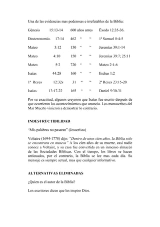 Una de las evidencias mas poderosas e irrefutables de la Biblia:
Génesis 15:13-14 600 años antes Ëxodo 12:35-36.
Deuteronomio. 17:14 462 “ “ 1ª Samuel 8:4-5
Mateo 3:12 150 “ “ Jeremías 39:1-14
Mateo 4:10 150 “ “ Jeremías 39:7; 25:11
Mateo 5:2 720 “ “ Mateo 2:1-6
Isaías 44:28 160 “ “ Esdras 1:2
1ª Reyes 12:32s 31 “ “ 2ª Reyes 23:15-20
Isaías 13:17-22 165 “ “ Daniel 5:30-31
Por su exactitud, algunos creyeron que Isaías fue escrito después de
que ocurrieran los acontecimientos que anuncia. Los manuscritos del
Mar Muerto vinieron a demostrar lo contrario.
INDESTRUCTIBILIDAD
“Mis palabras no pasaran” (Jesucristo)
Voltaire (1694-1778) dijo: “Dentro de unos cien años, la Biblia solo
se encontrara en museos” A los cien años de su muerte, casi nadie
conoce a Voltaire, y su casa fue convertida en un inmenso almacén
de las Sociedades Bíblicas. Con el tiempo, los libros se hacen
anticuados, por el contrario, la Biblia se lee mas cada día. Su
mensaje es siempre actual, mas que cualquier informativo.
ALTERNATIVAS ELIMINADAS
¿Quien es el autor de la Biblia?
Los escritores dicen que les inspiro Dios.
 