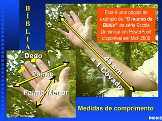 45
cm
45
cm
=
1
C
ôvado
=
1
C
ôvado
Medidas de comprimentoMedidas de comprimento
BB
ÍÍ
BB
LL
II
AA
PalmoPalmo
Palmo MenorPalmo Menor
DedoDedo
© EBibleTeacher.com
Esta é uma página de
exemplo de “O mundo da
Bíblia” da série Escola
Dominical em PowerPoint
disponível em Mid- 2000
Cubit DiagramSample
ÍNDICE
 