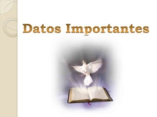 Datos importantesLa Biblia fue inspirada por Dios    (2 Timoteo 3:16-17; 2 Pedro 1:20-21)Nuestra Biblia consta de 66 libros que fueron escritos a lo largo de 1,600 años (desde aprox. 1,500 a.C. hasta 100 d.C.) por más de 40 personas (reyes, profetas, líderes y seguidores de Jesús).