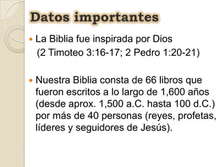 Datos importantesEl libro más corto de toda la Biblia es la epístola de 2 Juan; contiene sólo un capítulo con trece versículos.Por el contrario, el más extenso es el libro de los Salmos con 150 capítulos, y el segundo es Isaías con 66 capítulos.