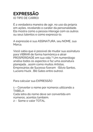EXPRESSÃO
(O TIPO DE CARRO)
É a verdadeira maneira de agir, no uso da própria
em ações, revelando o caráter da personalidade.
Ela mostra como a pessoa interage com os outros
ou seus talentos e como expressá-lo.
A expressão é sua ASSINATURA, seu NOME, sua
Marca.
Você sabia que é possível de mudar sua assinatura
para VIBRAR de forma harmônica e atrair
PROSPERIDADE em sua vida ? Um numerólogo
analisa todos os aspectos e faz uma assinatura
planejada , assim como muitos Artistas,
Empresários de Sucesso fizeram (Silvio Santos,
Luciano Huck , Bill Gates entre outros).
Para calcular sua EXPRESSÃO
1 – Converter o nome por números utilizando a
TABELA:
Cada letra do nome deve ser convertida em
números, acentos também.
2 - Some o valor TOTAL
 