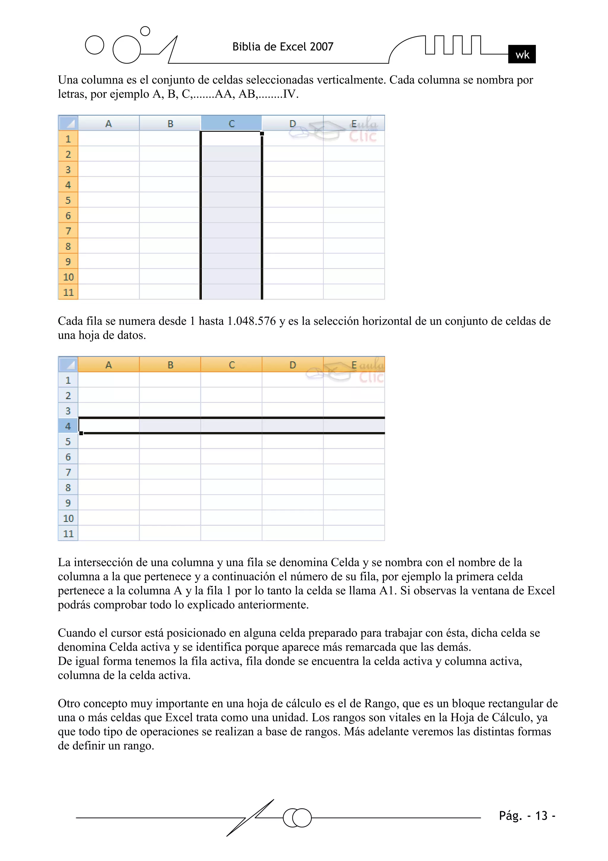 Una columna es el conjunto de celdas seleccionadas verticalmente. Cada columna se nombra por
letras, por ejemplo A, B, C,.......AA, AB,........IV.




Cada fila se numera desde 1 hasta 1.048.576 y es la selección horizontal de un conjunto de celdas de
una hoja de datos.




La intersección de una columna y una fila se denomina Celda y se nombra con el nombre de la
columna a la que pertenece y a continuación el número de su fila, por ejemplo la primera celda
pertenece a la columna A y la fila 1 por lo tanto la celda se llama A1. Si observas la ventana de Excel
podrás comprobar todo lo explicado anteriormente.

Cuando el cursor está posicionado en alguna celda preparado para trabajar con ésta, dicha celda se
denomina Celda activa y se identifica porque aparece más remarcada que las demás.
De igual forma tenemos la fila activa, fila donde se encuentra la celda activa y columna activa,
columna de la celda activa.

Otro concepto muy importante en una hoja de cálculo es el de Rango, que es un bloque rectangular de
una o más celdas que Excel trata como una unidad. Los rangos son vitales en la Hoja de Cálculo, ya
que todo tipo de operaciones se realizan a base de rangos. Más adelante veremos las distintas formas
de definir un rango.
 