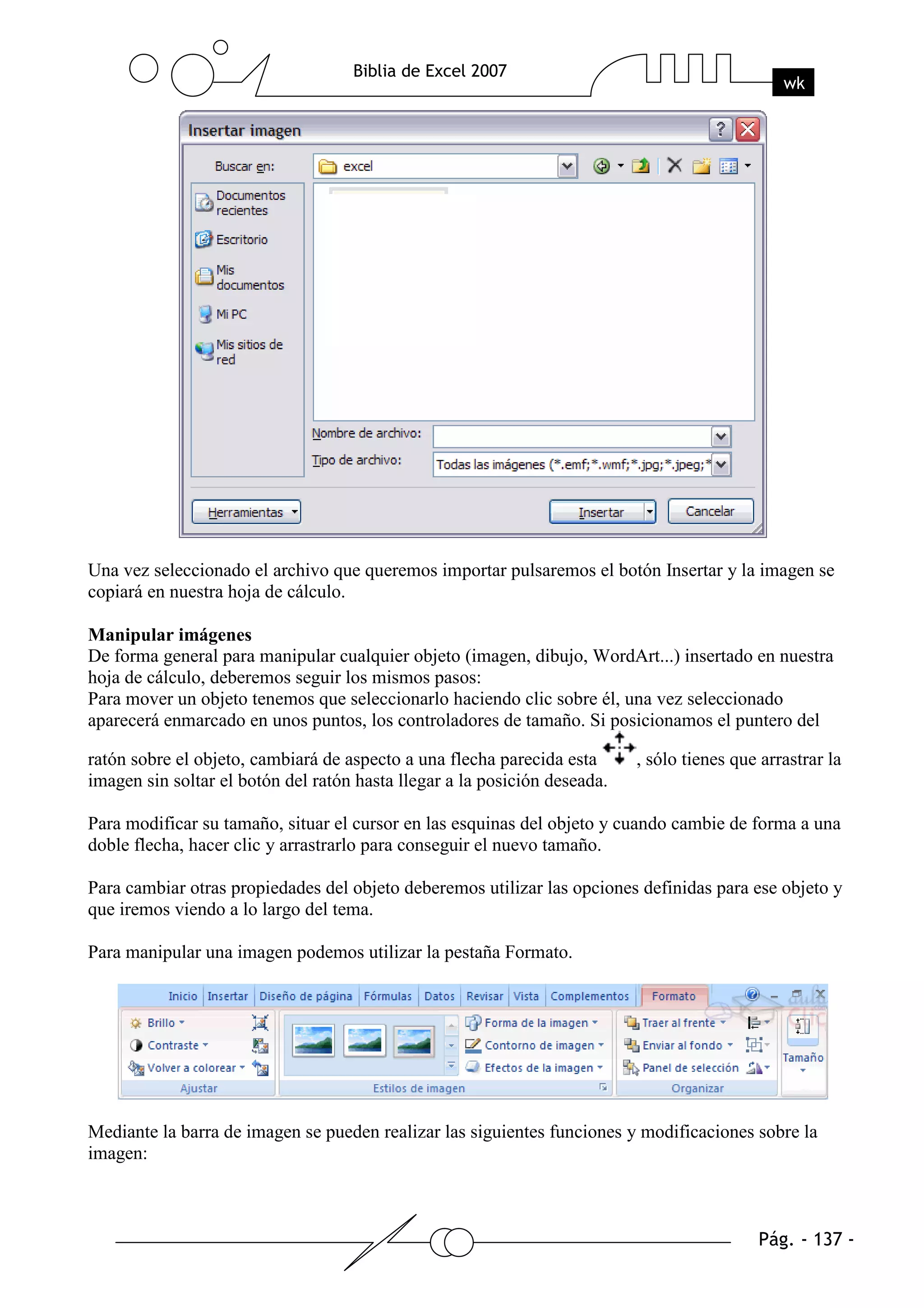 Una vez seleccionado el archivo que queremos importar pulsaremos el botón Insertar y la imagen se
copiará en nuestra hoja de cálculo.

Manipular imágenes
De forma general para manipular cualquier objeto (imagen, dibujo, WordArt...) insertado en nuestra
hoja de cálculo, deberemos seguir los mismos pasos:
Para mover un objeto tenemos que seleccionarlo haciendo clic sobre él, una vez seleccionado
aparecerá enmarcado en unos puntos, los controladores de tamaño. Si posicionamos el puntero del

ratón sobre el objeto, cambiará de aspecto a una flecha parecida esta      , sólo tienes que arrastrar la
imagen sin soltar el botón del ratón hasta llegar a la posición deseada.

Para modificar su tamaño, situar el cursor en las esquinas del objeto y cuando cambie de forma a una
doble flecha, hacer clic y arrastrarlo para conseguir el nuevo tamaño.

Para cambiar otras propiedades del objeto deberemos utilizar las opciones definidas para ese objeto y
que iremos viendo a lo largo del tema.

Para manipular una imagen podemos utilizar la pestaña Formato.




Mediante la barra de imagen se pueden realizar las siguientes funciones y modificaciones sobre la
imagen:
 