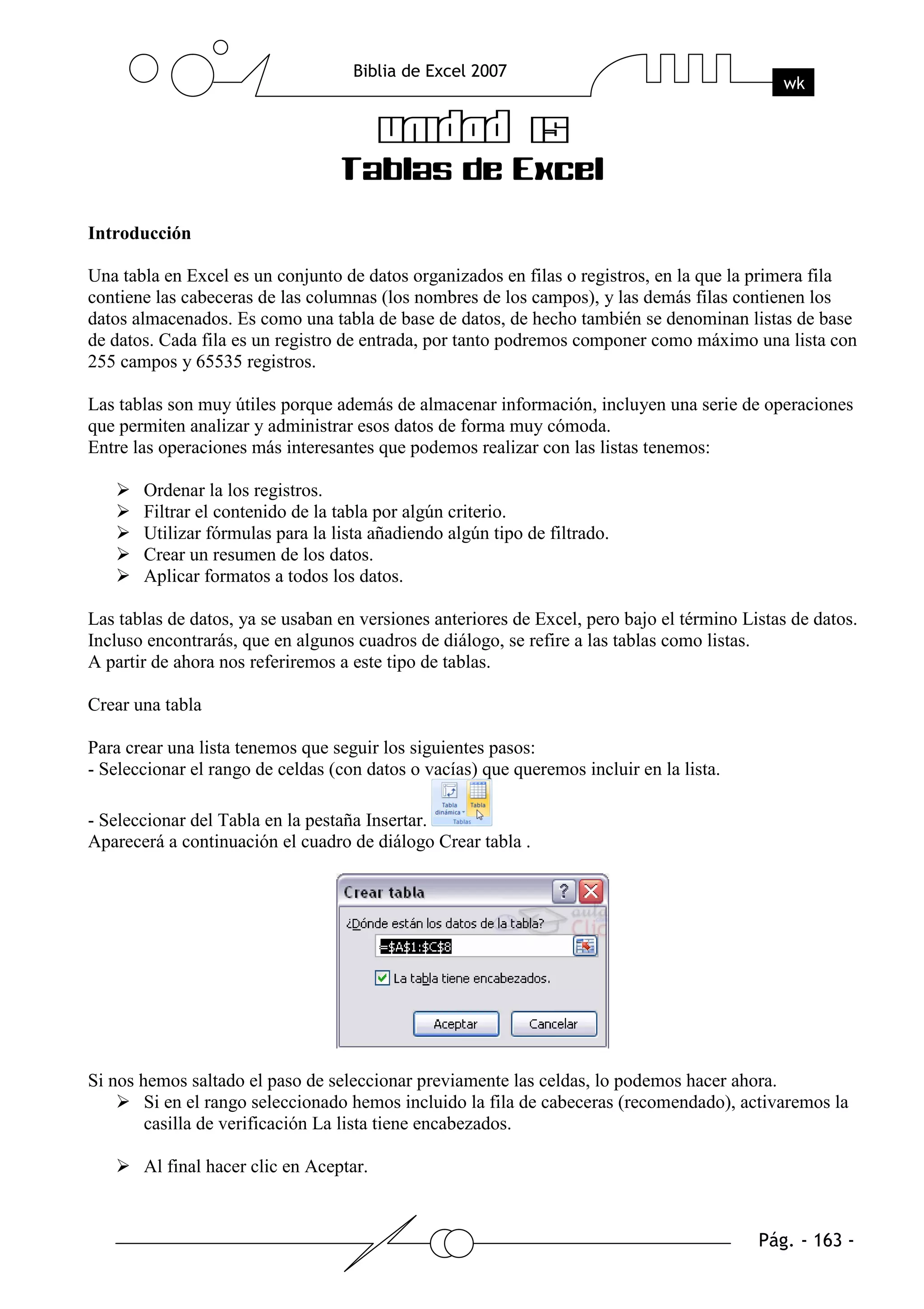 Introducción

Una tabla en Excel es un conjunto de datos organizados en filas o registros, en la que la primera fila
contiene las cabeceras de las columnas (los nombres de los campos), y las demás filas contienen los
datos almacenados. Es como una tabla de base de datos, de hecho también se denominan listas de base
de datos. Cada fila es un registro de entrada, por tanto podremos componer como máximo una lista con
255 campos y 65535 registros.

Las tablas son muy útiles porque además de almacenar información, incluyen una serie de operaciones
que permiten analizar y administrar esos datos de forma muy cómoda.
Entre las operaciones más interesantes que podemos realizar con las listas tenemos:

       Ordenar la los registros.
       Filtrar el contenido de la tabla por algún criterio.
       Utilizar fórmulas para la lista añadiendo algún tipo de filtrado.
       Crear un resumen de los datos.
       Aplicar formatos a todos los datos.

Las tablas de datos, ya se usaban en versiones anteriores de Excel, pero bajo el término Listas de datos.
Incluso encontrarás, que en algunos cuadros de diálogo, se refire a las tablas como listas.
A partir de ahora nos referiremos a este tipo de tablas.

Crear una tabla

Para crear una lista tenemos que seguir los siguientes pasos:
- Seleccionar el rango de celdas (con datos o vacías) que queremos incluir en la lista.

- Seleccionar del Tabla en la pestaña Insertar.
Aparecerá a continuación el cuadro de diálogo Crear tabla .




Si nos hemos saltado el paso de seleccionar previamente las celdas, lo podemos hacer ahora.
        Si en el rango seleccionado hemos incluido la fila de cabeceras (recomendado), activaremos la
        casilla de verificación La lista tiene encabezados.

       Al final hacer clic en Aceptar.
 