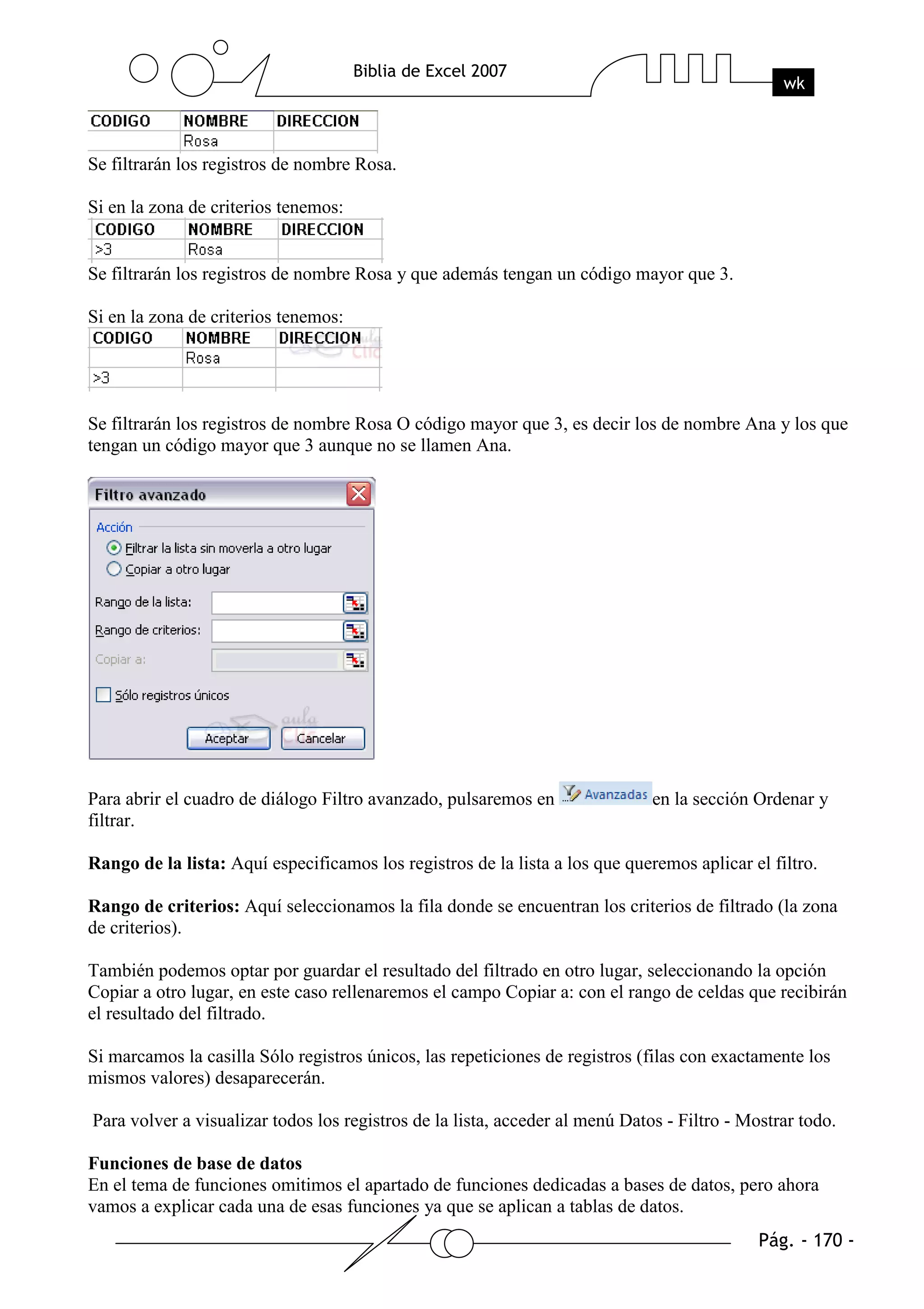 Se filtrarán los registros de nombre Rosa.

Si en la zona de criterios tenemos:


Se filtrarán los registros de nombre Rosa y que además tengan un código mayor que 3.

Si en la zona de criterios tenemos:




Se filtrarán los registros de nombre Rosa O código mayor que 3, es decir los de nombre Ana y los que
tengan un código mayor que 3 aunque no se llamen Ana.




Para abrir el cuadro de diálogo Filtro avanzado, pulsaremos en                en la sección Ordenar y
filtrar.

Rango de la lista: Aquí especificamos los registros de la lista a los que queremos aplicar el filtro.

Rango de criterios: Aquí seleccionamos la fila donde se encuentran los criterios de filtrado (la zona
de criterios).

También podemos optar por guardar el resultado del filtrado en otro lugar, seleccionando la opción
Copiar a otro lugar, en este caso rellenaremos el campo Copiar a: con el rango de celdas que recibirán
el resultado del filtrado.

Si marcamos la casilla Sólo registros únicos, las repeticiones de registros (filas con exactamente los
mismos valores) desaparecerán.

Para volver a visualizar todos los registros de la lista, acceder al menú Datos - Filtro - Mostrar todo.

Funciones de base de datos
En el tema de funciones omitimos el apartado de funciones dedicadas a bases de datos, pero ahora
vamos a explicar cada una de esas funciones ya que se aplican a tablas de datos.
 