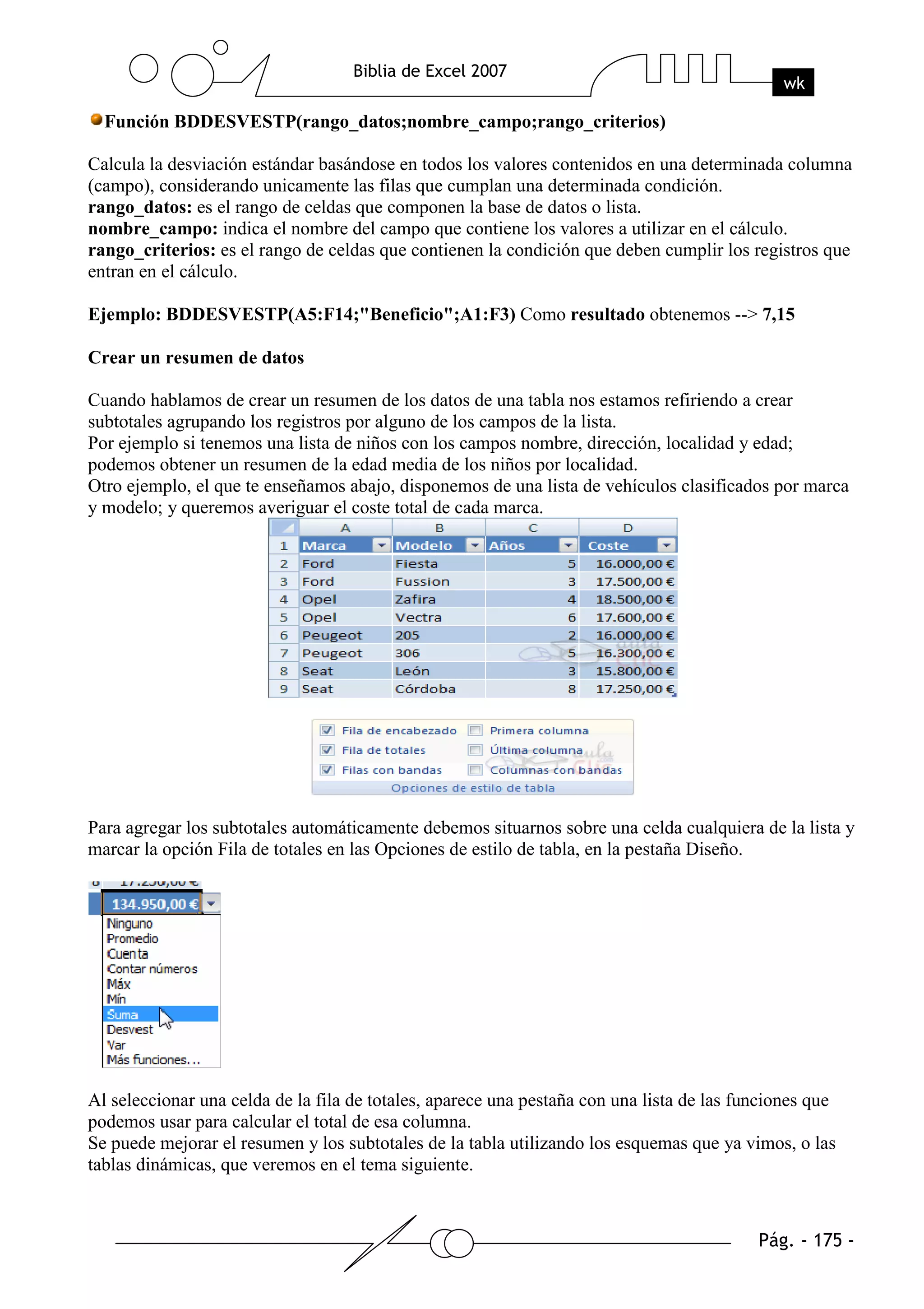 Función BDDESVESTP(rango_datos;nombre_campo;rango_criterios)

Calcula la desviación estándar basándose en todos los valores contenidos en una determinada columna
(campo), considerando unicamente las filas que cumplan una determinada condición.
rango_datos: es el rango de celdas que componen la base de datos o lista.
nombre_campo: indica el nombre del campo que contiene los valores a utilizar en el cálculo.
rango_criterios: es el rango de celdas que contienen la condición que deben cumplir los registros que
entran en el cálculo.

Ejemplo: BDDESVESTP(A5:F14;"Beneficio";A1:F3) Como resultado obtenemos --> 7,15

Crear un resumen de datos

Cuando hablamos de crear un resumen de los datos de una tabla nos estamos refiriendo a crear
subtotales agrupando los registros por alguno de los campos de la lista.
Por ejemplo si tenemos una lista de niños con los campos nombre, dirección, localidad y edad;
podemos obtener un resumen de la edad media de los niños por localidad.
Otro ejemplo, el que te enseñamos abajo, disponemos de una lista de vehículos clasificados por marca
y modelo; y queremos averiguar el coste total de cada marca.




Para agregar los subtotales automáticamente debemos situarnos sobre una celda cualquiera de la lista y
marcar la opción Fila de totales en las Opciones de estilo de tabla, en la pestaña Diseño.




Al seleccionar una celda de la fila de totales, aparece una pestaña con una lista de las funciones que
podemos usar para calcular el total de esa columna.
Se puede mejorar el resumen y los subtotales de la tabla utilizando los esquemas que ya vimos, o las
tablas dinámicas, que veremos en el tema siguiente.
 