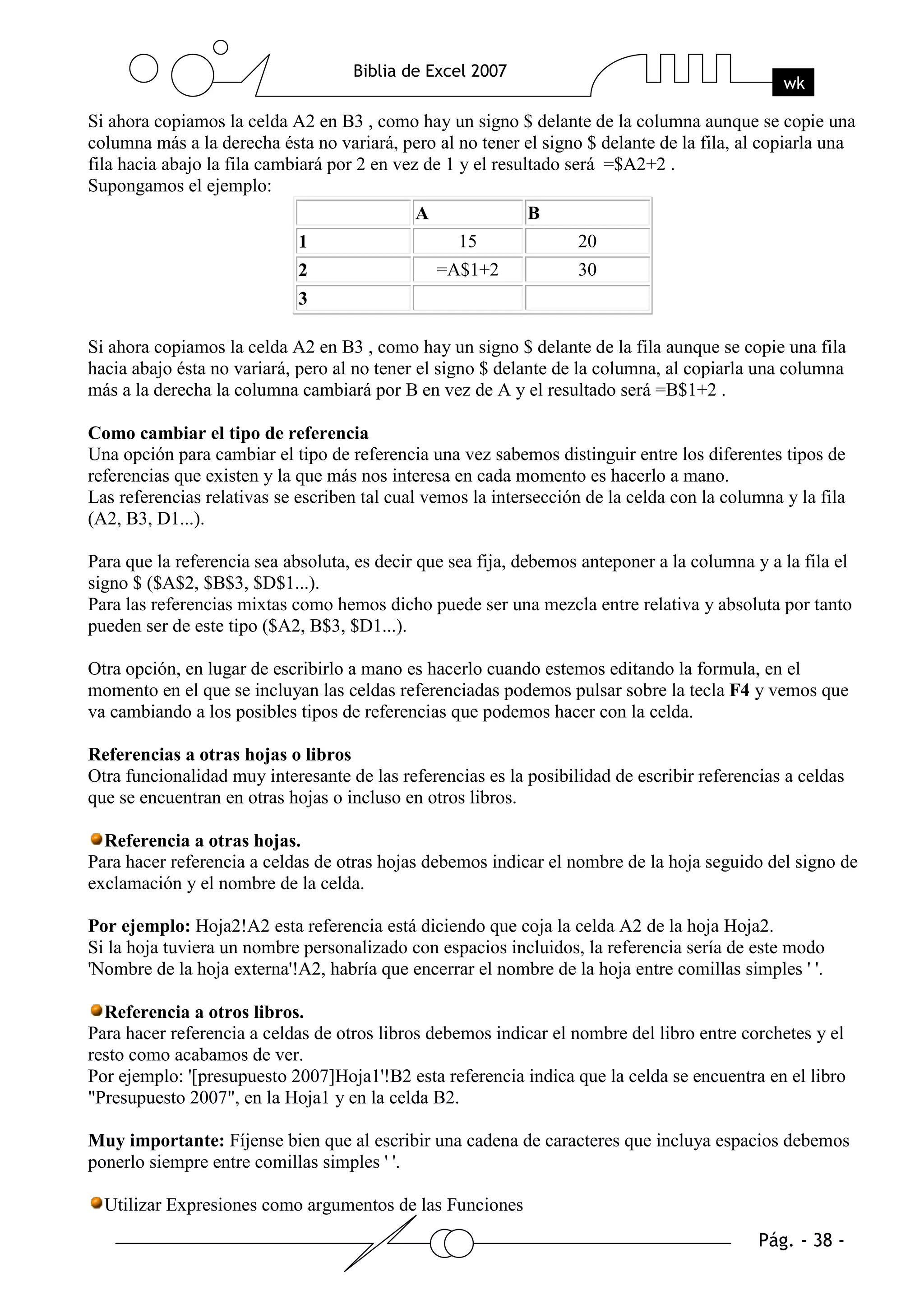 Si ahora copiamos la celda A2 en B3 , como hay un signo $ delante de la columna aunque se copie una
columna más a la derecha ésta no variará, pero al no tener el signo $ delante de la fila, al copiarla una
fila hacia abajo la fila cambiará por 2 en vez de 1 y el resultado será =$A2+2 .
Supongamos el ejemplo:
                                              A               B
                             1                     15              20
                             2                  =A$1+2             30
                             3

Si ahora copiamos la celda A2 en B3 , como hay un signo $ delante de la fila aunque se copie una fila
hacia abajo ésta no variará, pero al no tener el signo $ delante de la columna, al copiarla una columna
más a la derecha la columna cambiará por B en vez de A y el resultado será =B$1+2 .

Como cambiar el tipo de referencia
Una opción para cambiar el tipo de referencia una vez sabemos distinguir entre los diferentes tipos de
referencias que existen y la que más nos interesa en cada momento es hacerlo a mano.
Las referencias relativas se escriben tal cual vemos la intersección de la celda con la columna y la fila
(A2, B3, D1...).

Para que la referencia sea absoluta, es decir que sea fija, debemos anteponer a la columna y a la fila el
signo $ ($A$2, $B$3, $D$1...).
Para las referencias mixtas como hemos dicho puede ser una mezcla entre relativa y absoluta por tanto
pueden ser de este tipo ($A2, B$3, $D1...).

Otra opción, en lugar de escribirlo a mano es hacerlo cuando estemos editando la formula, en el
momento en el que se incluyan las celdas referenciadas podemos pulsar sobre la tecla F4 y vemos que
va cambiando a los posibles tipos de referencias que podemos hacer con la celda.

Referencias a otras hojas o libros
Otra funcionalidad muy interesante de las referencias es la posibilidad de escribir referencias a celdas
que se encuentran en otras hojas o incluso en otros libros.

  Referencia a otras hojas.
Para hacer referencia a celdas de otras hojas debemos indicar el nombre de la hoja seguido del signo de
exclamación y el nombre de la celda.

Por ejemplo: Hoja2!A2 esta referencia está diciendo que coja la celda A2 de la hoja Hoja2.
Si la hoja tuviera un nombre personalizado con espacios incluidos, la referencia sería de este modo
'Nombre de la hoja externa'!A2, habría que encerrar el nombre de la hoja entre comillas simples ' '.

  Referencia a otros libros.
Para hacer referencia a celdas de otros libros debemos indicar el nombre del libro entre corchetes y el
resto como acabamos de ver.
Por ejemplo: '[presupuesto 2007]Hoja1'!B2 esta referencia indica que la celda se encuentra en el libro
"Presupuesto 2007", en la Hoja1 y en la celda B2.

Muy importante: Fíjense bien que al escribir una cadena de caracteres que incluya espacios debemos
ponerlo siempre entre comillas simples ' '.

  Utilizar Expresiones como argumentos de las Funciones
 