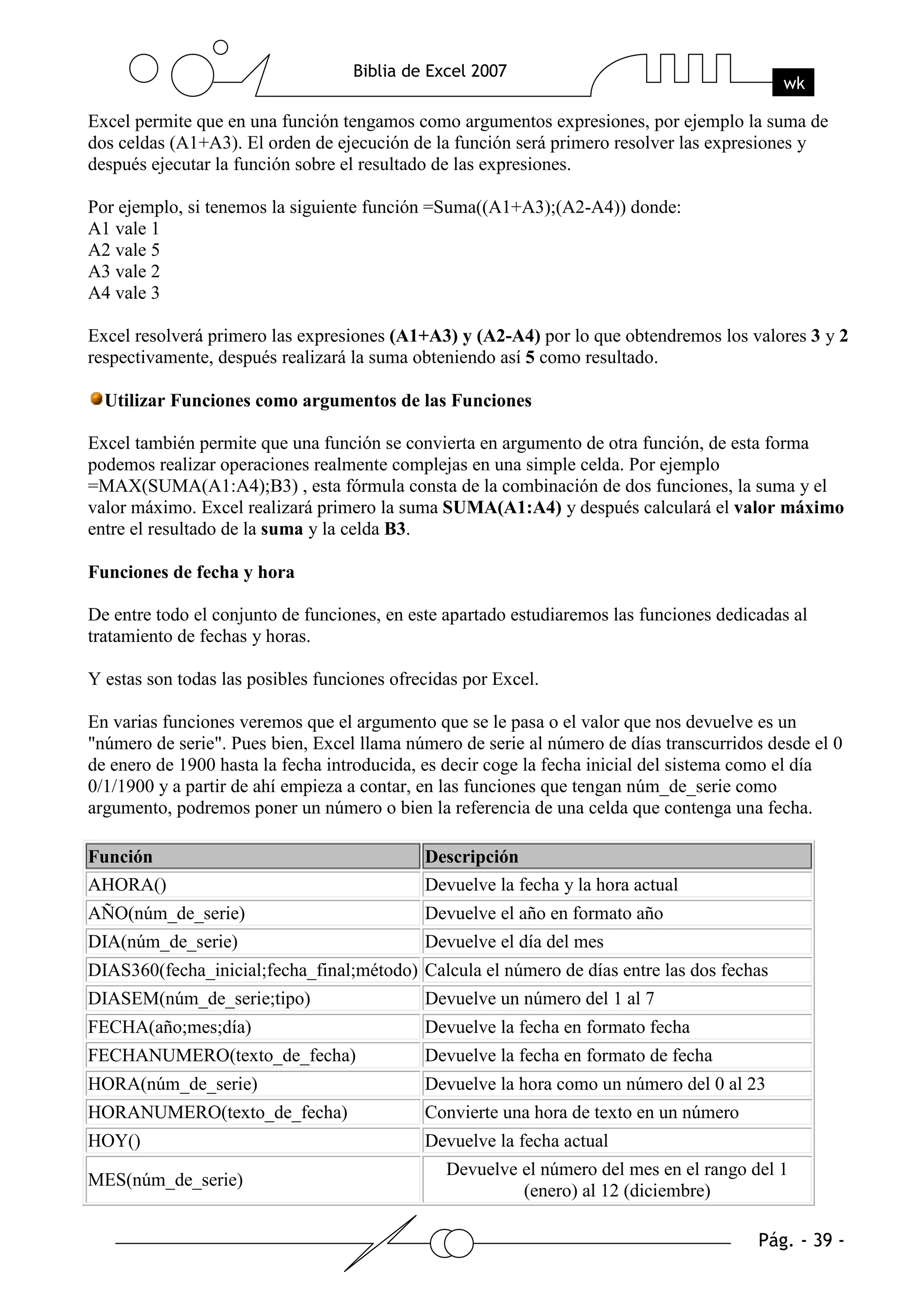 Excel permite que en una función tengamos como argumentos expresiones, por ejemplo la suma de
dos celdas (A1+A3). El orden de ejecución de la función será primero resolver las expresiones y
después ejecutar la función sobre el resultado de las expresiones.

Por ejemplo, si tenemos la siguiente función =Suma((A1+A3);(A2-A4)) donde:
A1 vale 1
A2 vale 5
A3 vale 2
A4 vale 3

Excel resolverá primero las expresiones (A1+A3) y (A2-A4) por lo que obtendremos los valores 3 y 2
respectivamente, después realizará la suma obteniendo así 5 como resultado.

  Utilizar Funciones como argumentos de las Funciones

Excel también permite que una función se convierta en argumento de otra función, de esta forma
podemos realizar operaciones realmente complejas en una simple celda. Por ejemplo
=MAX(SUMA(A1:A4);B3) , esta fórmula consta de la combinación de dos funciones, la suma y el
valor máximo. Excel realizará primero la suma SUMA(A1:A4) y después calculará el valor máximo
entre el resultado de la suma y la celda B3.

Funciones de fecha y hora

De entre todo el conjunto de funciones, en este apartado estudiaremos las funciones dedicadas al
tratamiento de fechas y horas.

Y estas son todas las posibles funciones ofrecidas por Excel.

En varias funciones veremos que el argumento que se le pasa o el valor que nos devuelve es un
"número de serie". Pues bien, Excel llama número de serie al número de días transcurridos desde el 0
de enero de 1900 hasta la fecha introducida, es decir coge la fecha inicial del sistema como el día
0/1/1900 y a partir de ahí empieza a contar, en las funciones que tengan núm_de_serie como
argumento, podremos poner un número o bien la referencia de una celda que contenga una fecha.

Función                                      Descripción
AHORA()                                      Devuelve la fecha y la hora actual
AÑO(núm_de_serie)                            Devuelve el año en formato año
DIA(núm_de_serie)                            Devuelve el día del mes
DIAS360(fecha_inicial;fecha_final;método) Calcula el número de días entre las dos fechas
DIASEM(núm_de_serie;tipo)                    Devuelve un número del 1 al 7
FECHA(año;mes;día)                           Devuelve la fecha en formato fecha
FECHANUMERO(texto_de_fecha)                  Devuelve la fecha en formato de fecha
HORA(núm_de_serie)                           Devuelve la hora como un número del 0 al 23
HORANUMERO(texto_de_fecha)                   Convierte una hora de texto en un número
HOY()                                        Devuelve la fecha actual
                                                Devuelve el número del mes en el rango del 1
MES(núm_de_serie)
                                                         (enero) al 12 (diciembre)
 