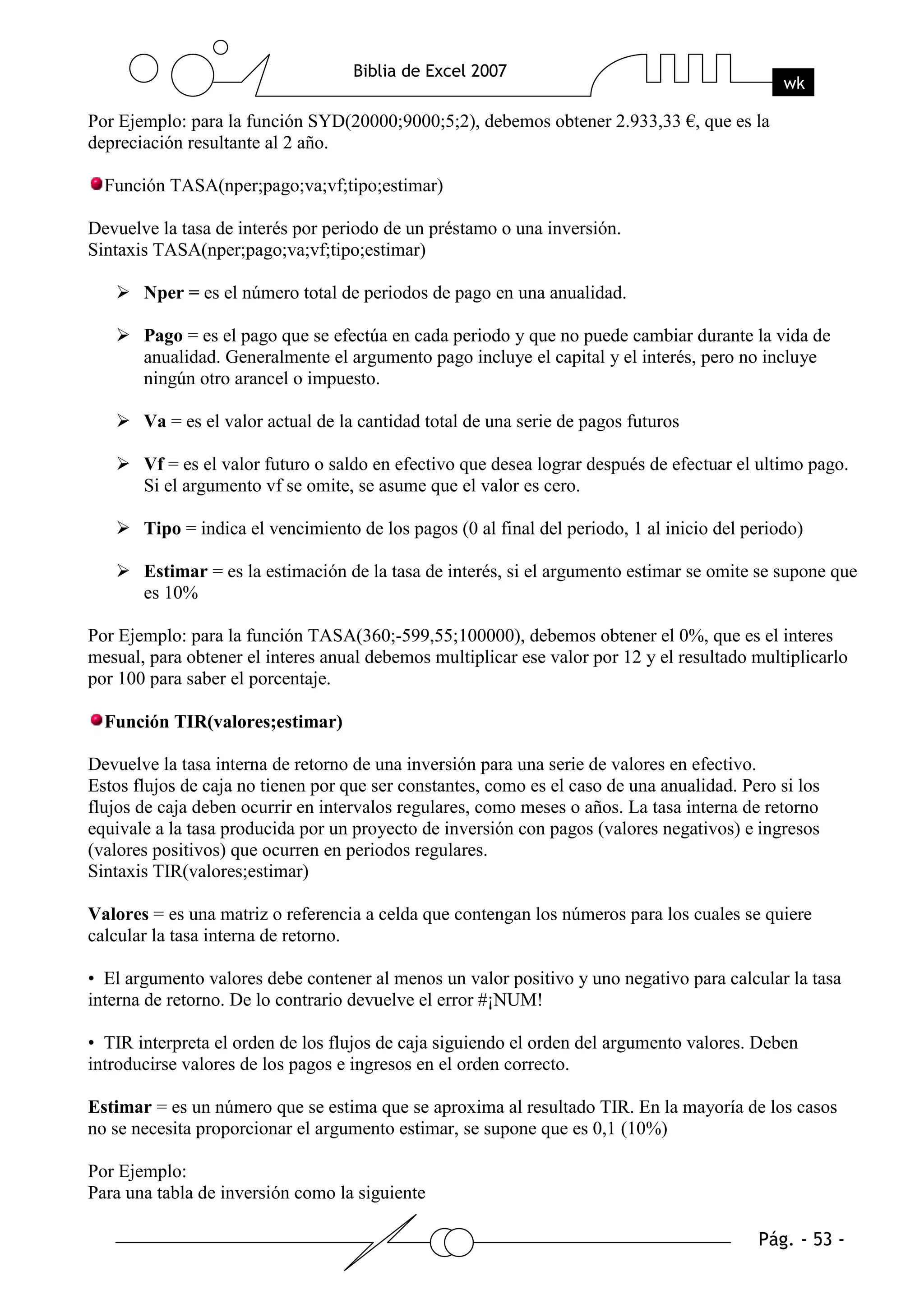 Por Ejemplo: para la función SYD(20000;9000;5;2), debemos obtener 2.933,33 €, que es la
depreciación resultante al 2 año.

  Función TASA(nper;pago;va;vf;tipo;estimar)

Devuelve la tasa de interés por periodo de un préstamo o una inversión.
Sintaxis TASA(nper;pago;va;vf;tipo;estimar)

       Nper = es el número total de periodos de pago en una anualidad.

       Pago = es el pago que se efectúa en cada periodo y que no puede cambiar durante la vida de
       anualidad. Generalmente el argumento pago incluye el capital y el interés, pero no incluye
       ningún otro arancel o impuesto.

       Va = es el valor actual de la cantidad total de una serie de pagos futuros

       Vf = es el valor futuro o saldo en efectivo que desea lograr después de efectuar el ultimo pago.
       Si el argumento vf se omite, se asume que el valor es cero.

       Tipo = indica el vencimiento de los pagos (0 al final del periodo, 1 al inicio del periodo)

       Estimar = es la estimación de la tasa de interés, si el argumento estimar se omite se supone que
       es 10%

Por Ejemplo: para la función TASA(360;-599,55;100000), debemos obtener el 0%, que es el interes
mesual, para obtener el interes anual debemos multiplicar ese valor por 12 y el resultado multiplicarlo
por 100 para saber el porcentaje.

  Función TIR(valores;estimar)

Devuelve la tasa interna de retorno de una inversión para una serie de valores en efectivo.
Estos flujos de caja no tienen por que ser constantes, como es el caso de una anualidad. Pero si los
flujos de caja deben ocurrir en intervalos regulares, como meses o años. La tasa interna de retorno
equivale a la tasa producida por un proyecto de inversión con pagos (valores negativos) e ingresos
(valores positivos) que ocurren en periodos regulares.
Sintaxis TIR(valores;estimar)

Valores = es una matriz o referencia a celda que contengan los números para los cuales se quiere
calcular la tasa interna de retorno.

• El argumento valores debe contener al menos un valor positivo y uno negativo para calcular la tasa
interna de retorno. De lo contrario devuelve el error #¡NUM!

• TIR interpreta el orden de los flujos de caja siguiendo el orden del argumento valores. Deben
introducirse valores de los pagos e ingresos en el orden correcto.

Estimar = es un número que se estima que se aproxima al resultado TIR. En la mayoría de los casos
no se necesita proporcionar el argumento estimar, se supone que es 0,1 (10%)

Por Ejemplo:
Para una tabla de inversión como la siguiente
 