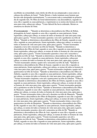escolhidos na comunidade; eram chefes da tribo de seu antepassado e esses eram os
cabeças dos milhares de Israel. 17Então Moisés e Aarão tomaram esses homens que
haviam sido designados nominalmente 18e convocaram toda a comunidade no primeiro
dia do segundo mês. Os filhos de Israel determinaram a sua descendência, segundo os
seus clãs e segundo as casas patriarcais, e registraram-se os nomes dos homens de vinte
anos para cima, cabeça por cabeça. 19Como Iahweh lhe havia ordenado, Moisés os
enumerou no deserto do Sinai.
O recenseamento — 20Quando se determinou a descendência dos filhos de Rúben,
primogênito de Israel, segundo os seus clãs e segundo as casas patriarcais, foram
registrados, cabeça por cabeça, os nomes de todos os homens de vinte anos para cima,
aptos para a guerra. 21Foram recenseados quarenta e seis mil e quinhentos na tribo de
Rúben. 22Quando se determinou a descendência dos filhos de Simeão, segundo os seus
clãs e segundo as casas patriarcais, foram registrados, cabeça por cabeça, os nomes de
todos os homens de vinte anos para cima, aptos para a guerra. 23Foram recenseados
cinqüenta e nove mil e trezentos na tribo de Simeão. 24Quando se determinou a
descendência dos filhos de Gad, segundo os seus clãs e segundo as casas patriarcais,
foram registrados, cabeça por cabeça, os nomes de todos os homens de vinte anos para
cima, aptos para a guerra. 25Foram recenseados quarenta e cinco mil e seiscentos e
cinqüenta na tribo de Gad. 26Quando se determinou a descendência dos filhos de Judá,
segundo os seus clãs e segundo as casas patriarcais, foram registrados, cabeça por
cabeça, os nomes de todos os homens de vinte anos para cima, aptos para a guerra.
27
Foram recenseados setenta e quatro mil e seiscentos na tribo de Judá. 28Quando se
determinou a descendência dos filhos de Issacar, segundo os seus clãs e segundo as
casas patriarcais, foram registrados, cabeça por cabeça, os nomes de todos os homens de
vinte anos para cima, aptos para a guerra. 29Foram recenseados cinqüenta e quatro mil e
quatrocentos na tribo de Issacar. 30Quando se determinou a descendência dos filhos de
Zabulon, segundo os seus clãs e segundo as casas patriarcais, foram registrados, cabeça
por cabeça, os nomes de todos os homens de vinte anos para cima, aptos para a guerra.
31
Foram recenseados cinqüenta e sete mil e quatrocentos na tribo de Zabulon. 32Filhos de
José: Quando se determinou a descendência dos filhos de Efraim, segundo os seus clãs e
segundo as casas patriarcais, foram registrados, cabeça por cabeça, os nomes de todos
os homens de vinte anos para cima, aptos para a guerra. 33Foram recenseados quarenta
mil e quinhentos na tribo de Efraim. 34Quando se determinou a descendência dos filhos
de Manassés, segundo os seus clãs e segundo as casas patriarcais, foram registrados,
cabeça por cabeça, os nomes de todos os homens de vinte anos para cima, aptos para a
guerra. 35Foram recenseados trinta e dois mil e duzentos na tribo de Manassés. 36Quando
se determinou a descendência dos filhos de Benjamim, segundo os seus clãs e segundo
as casas patriarcais, foram registrados, cabeça por cabeça, os nomes de todos os homens
de vinte anos para cima, aptos para a guerra. 37Foram recenseados trinta e cinco mil e
quatrocentos na tribo de Benjamim. 38Quando se determinou a descendência dos filhos
de Dã, segundo os seus clãs e segundo as casas patriarcais, foram registrados, cabeça
por cabeça, os nomes de todos os homens de vinte anos para cima, aptos para à guerra.
39
Foram recenseados sessenta e dois mil e setecentos na tribo de Dã. 40Quando se
determinou a descendência dos filhos de Aser, segundo os seus clãs e segundo as casas
patriarcais, foram registrados, cabeça por cabeça, os nomes de todos os homens de vinte
anos para cima, aptos para a guerra. 41Foram recenseados quarenta e um mil e
quinhentos na tribo de Aser. 42Quando se determinou a descendência dos filhos de
Neftali, segundo os seus clãs e segundo as casas patriarcais, foram registrados, cabeça
por cabeça, os nomes de todos os homens de vinte anos para cima, aptos para a guerra.

 