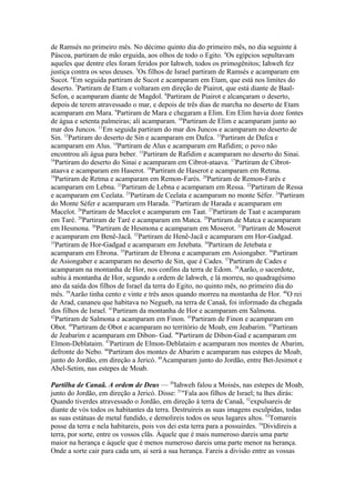 de Ramsés no primeiro mês. No décimo quinto dia do primeiro mês, no dia seguinte à
Páscoa, partiram de mão erguida, aos olhos de todo o Egito. 4Os egípcios sepultavam
aqueles que dentre eles foram feridos por Iahweh, todos os primogênitos; Iahweh fez
justiça contra os seus deuses. 5Os filhos de Israel partiram de Ramsés e acamparam em
Sucot. 6Em seguida partiram de Sucot e acamparam em Etam, que está nos limites do
deserto. 7Partiram de Etam e voltaram em direção de Piairot, que está diante de BaalSefon, e acamparam diante de Magdol. 8Partiram de Piairot e alcançaram o deserto,
depois de terem atravessado o mar, e depois de três dias de marcha no deserto de Etam
acamparam em Mara. 9Partiram de Mara e chegaram a Elim. Em Elim havia doze fontes
de água e setenta palmeiras; ali acamparam. 10Partiram de Elim e acamparam junto ao
mar dos Juncos. 11Em seguida partiram do mar dos Juncos e acamparam no deserto de
Sin. 12Partiram do deserto de Sin e acamparam em Dafca. 13Partiram de Dafca e
acamparam em Alus. 14Partiram de Alus e acamparam em Rafidim; o povo não
encontrou ali água para beber. 15Partiram de Rafidim e acamparam no deserto do Sinai.
16
Partiram do deserto do Sinai e acamparam em Cibrot-ataava. 17Partiram de Cibrotataava e acamparam em Haserot. 18Partiram de Haserot e acamparam em Retma.
19
Partiram de Retma e acamparam em Remon-Farés. 20Partiram de Remon-Farés e
acamparam em Lebna. 21Partiram de Lebna e acamparam em Ressa. 22Partiram de Ressa
e acamparam em Ceelata. 23Partiram de Ceelata e acamparam no monte Séfer. 24Partiram
do Monte Séfer e acamparam em Harada. 25Partiram de Harada e acamparam em
Macelot. 26Partiram de Macelot e acamparam em Taat. 27Partiram de Taat e acamparam
em Taré. 28Partiram de Taré e acamparam em Matca. 29Partiram de Matca e acamparam
em Hesmona. 30Partiram de Hesmona e acamparam em Moserot. 31Partiram de Moserot
e acamparam em Benê-Jacã. 32Partiram de Henê-Jacã e acamparam em Hor-Gadgad.
33
Partiram de Hor-Gadgad e acamparam em Jetebata. 34Partiram de Jetebata e
acamparam em Ebrona. 35Partiram de Ebrona e acamparam em Asiongaber. 36Partiram
de Asiongaber e acamparam no deserto de Sin, que é Cades. 37Partiram de Cades e
acamparam na montanha de Hor, nos confins da terra de Edom. 38Aarão, o sacerdote,
subiu à montanha de Hor, segundo a ordem de Iahweh, e lá morreu, no quadragésimo
ano da saída dos filhos de Israel da terra do Egito, no quinto mês, no primeiro dia do
mês. 39Aarão tinha cento e vinte e três anos quando morreu na montanha de Hor. 40O rei
de Arad, cananeu que habitava no Negueb, na terra de Canaã, foi informado da chegada
dos filhos de Israel. 41Partiram da montanha de Hor e acamparam em Salmona.
42
Partiram de Salmona e acamparam em Finon. 43Partiram de Finon e acamparam em
Obot. 44Partiram de Obot e acamparam no território de Moab, em Jeabarim. 45Partiram
de Jeabarim e acamparam em Dibon- Gad. 46Partiram de Dibon-Gad e acamparam em
Elmon-Deblataim. 47Partiram de Elmon-Deblataim e acamparam nos montes de Abarim,
defronte do Nebo. 48Partiram dos montes de Abarim e acamparam nas estepes de Moab,
junto do Jordão, em direção a Jericó. 49Acamparam junto do Jordão, entre Bet-Jesimot e
Abel-Setim, nas estepes de Moab.
Partilha de Canaã. A ordem de Deus — 50Iahweh falou a Moisés, nas estepes de Moab,
junto do Jordão, em direção a Jericó. Disse: 51"Fala aos filhos de Israel; tu lhes dirás:
Quando tiverdes atravessado o Jordão, em direção à terra de Canaã, 52expulsareis de
diante de vós todos os habitantes da terra. Destruireis as suas imagens esculpidas, todas
as suas estátuas de metal fundido, e demolireis todos os seus lugares altos. 53Tomareis
posse da terra e nela habitareis, pois vos dei esta terra para a possuirdes. 54Dividireis a
terra, por sorte, entre os vossos clãs. Àquele que é mais numeroso dareis uma parte
maior na herança e àquele que é menos numeroso dareis uma parte menor na herança.
Onde a sorte cair para cada um, aí será a sua herança. Fareis a divisão entre as vossas

 