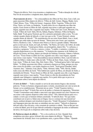 28

Depois do dilúvio, Noé viveu trezentos e cinqüenta anos. 29Toda a duração da vida de
Noé foi de novecentos e cinqüenta anos, depois morreu.
10 povoamento da terra — 1Eis a descendência dos filhos de Noé, Sem, Cam e Jafé, aos
quais nasceram filhos depois do dilúvio: 2Filhos de Jafé: Gomer, Magog, Madai, Javã,
Tubal, Mosoc, Tiras. 3Filhos de Gomer: Asquenez, Rifat, Togorma. 4Filhos de Javã:
Elisa, Társis, os Cetim, os Dodanim. 5A partir deles fez-se a dispersão nas ilhas das
nações. Esses foram os filhos de Jafé, segundo suas terras e cada qual segundo sua
língua, segundo seus clãs e segundo suas nações. 6Filhos de Cam: Cuch, Mesraim, Fut,
Canaã. 7Filhos de Cuch: Saba, Hévila, Sabata, Regma, Sabataca. Filhos de Regma:
Sabá, Dadã. 8Cuch gerou Nemrod, que foi o primeiro potentado sobre a terra. 9Foi um
valente caçador diante de Iahweh, e é por isso que se diz: "Como Nemrod, valente
caçador diante de Iahweh." 10Os sustentáculos de seu reino foram Babel, Arac e Acad,
cidades que estão todas na terra de Senaar. 11Dessa terra saiu Assur, que construiu
Nínive, Reobot-Ir, Cale, 12e Resen entre Nínive e Cale (é a grande cidade).13Mesraim
gerou os de Lud, de Anam, de Laab, de Naftu, 14de Patros, de Caslu e de Cáftor, de onde
saíram os filisteus. 15Canaã gerou Sídon, seu primogênito, depois Het, 16e o jebuseu, o
amorreu, o gergeseu, 17o heveu, o araceu, o sineu, 18o arádio, o samareu, o emateu; em
seguida dispersaram-se os clãs cananeus. 19A fronteira dos cananeus ia de Sidônia em
direção de Gerara, até Gaza, depois em direção de Sodoma, Gomorra, Adama e Seboim,
até Lesa. 20Esses foram os filhos de Cam, segundo seus clãs e suas línguas, segundo
suas terras e suas nações. 21Uma descendência nasceu também a Sem, o pai de todos os
filhos de Héber e irmão mais velho de Jafé. 22Filhos de Sem: Elam, Assur, Arfaxad,
Lud, Aram. 23Filhos de Aram: Hus, Hul, Geter e Mes. 24Arfaxad gerou Salé e Salé gerou
Héber. 25A Héber nasceram dois filhos: o primeiro chamava-se Faleg, porque em seus
dias a terra foi dividida, e seu irmão chamava-se Jectã. 26Jectã gerou Elmodad, Salef,
Asarmot, Jaré, 27Aduram, Uzal, Decla, 28Ebal, Abimael, Sabá, 29Ofir, Hévila, Jobab;
todos esses são filhos de Jectã. 30Eles habitavam a partir de Mesa, em direção de Sefar, a
montanha do Oriente. 31Esses foram os filhos de Sem, segundo seus clãs e suas línguas,
segundo suas terras e suas nações. 32Esses foram os clãs dos descendentes de Noé,
segundo suas linhagens e segundo suas nações. Foi a partir deles que os povos se
dispersaram sobre a terra depois do dilúvio.
11 torre de Babel — 1Todo o mundo se servia de uma mesma língua e das mesmas
palavras. 2Como os homens emigrassem para o oriente, encontraram um vale na terra de
Senaar e aí se estabeleceram. 3Disseram um ao outro: "Vinde! Façamos tijolos e
cozamo-los ao fogo!" O tijolo lhes serviu de pedra e o betume de argamassa. 4Disseram:
"Vinde! Construamos uma cidade e uma torre cujo ápice penetre nos céus! Façamo-nos
um nome e não sejamos dispersos sobre toda a terra!" 5Ora, Iahweh desceu para ver a
cidade e a torre que os homens tinham construído. 6E Iahweh disse: "Eis que todos
constituem um só povo e falam uma só língua. Isso é o começo de suas iniciativas!
Agora, nenhum desígnio será irrealizável para eles. 7Vinde! Desçamos! Confundamos a
sua linguagem para que não mais se entendam uns aos outros." 8Iahweh os dispersou
dali por toda a face da terra, e eles cessaram de construir a cidade. 9Deu-se-lhe por isso
o nome de Babel, pois foi lá que Iahweh confundiu a linguagem de todos os habitantes
da terra e foi lá que ele os dispersou sobre toda a face da terra.
Os Patriarcas depois do dilúvio — 10Eis a descendência de Sem: Quando Sem
completou cem anos, gerou Arfaxad, dois anos depois do dilúvio. 11Depois do
nascimento de Arfaxad, Sem viveu quinhentos anos, e gerou filhos e filhas. 12Quando

 
