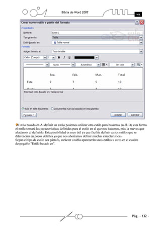 Estilo basado en Al definir un estilo podemos utilizar otro estilo para basarnos en él. De esta forma
el estilo tomará las características definidas para el estilo en el que nos basamos, más la nuevas que
añadamos al definirlo. Esta posibilidad es muy útil ya que facilita definir varios estilos que se
diferencian en pocos detalles ya que nos ahorramos definir muchas características.
Según el tipo de estilo sea párrafo, carácter o tabla aparecerán unos estilos u otros en el cuadro
despegable "Estilo basado en".
 